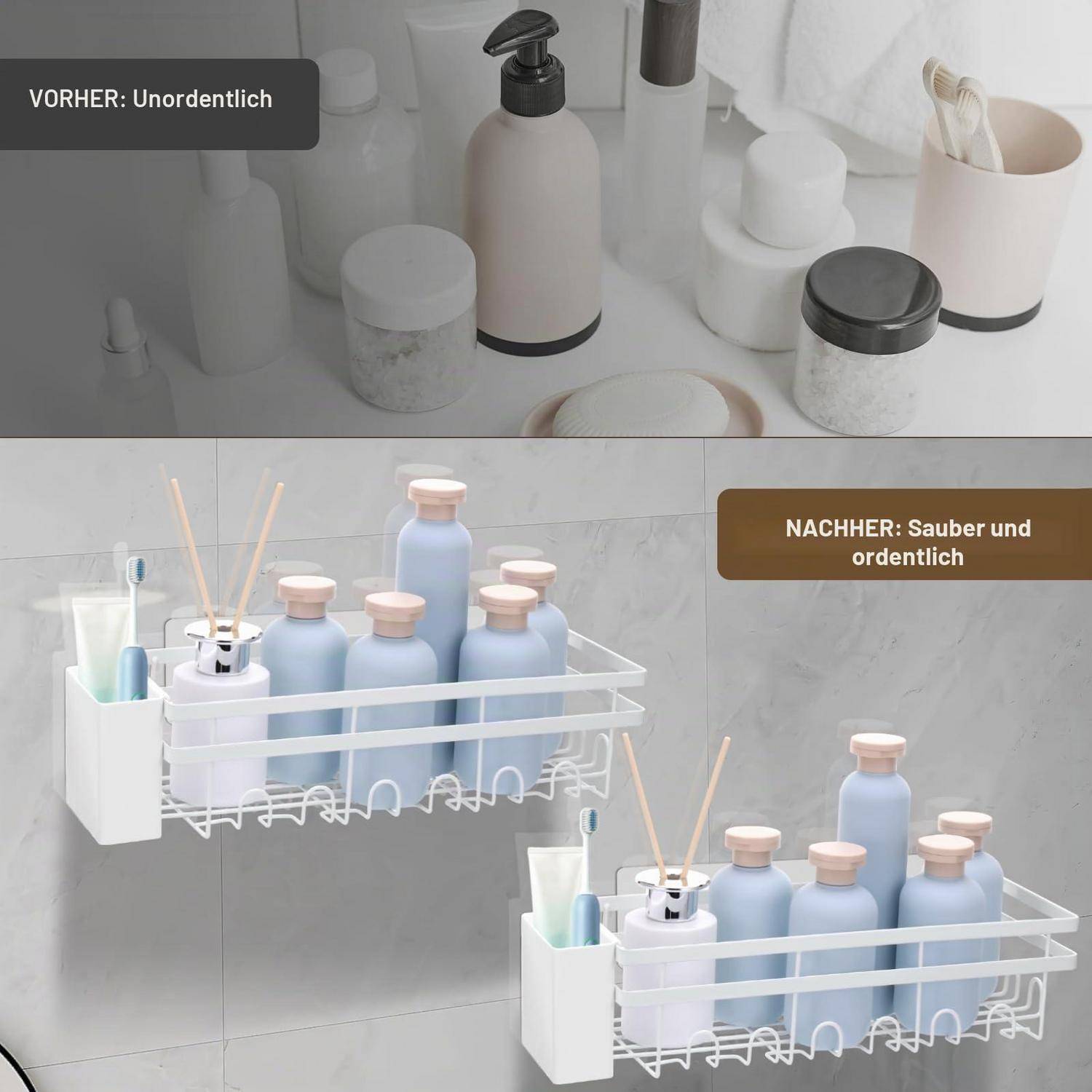 Vorher-und-nachher Badezimmerablage-Organisation: Oben sind ungeordnete Toilettenartikel zu sehen, unten sind ordentlich angeordnete Flaschen und Accessoires in einem an der Wand befestigten Korb mit Beschriftungen für „Vorher" und „Nachher"".
