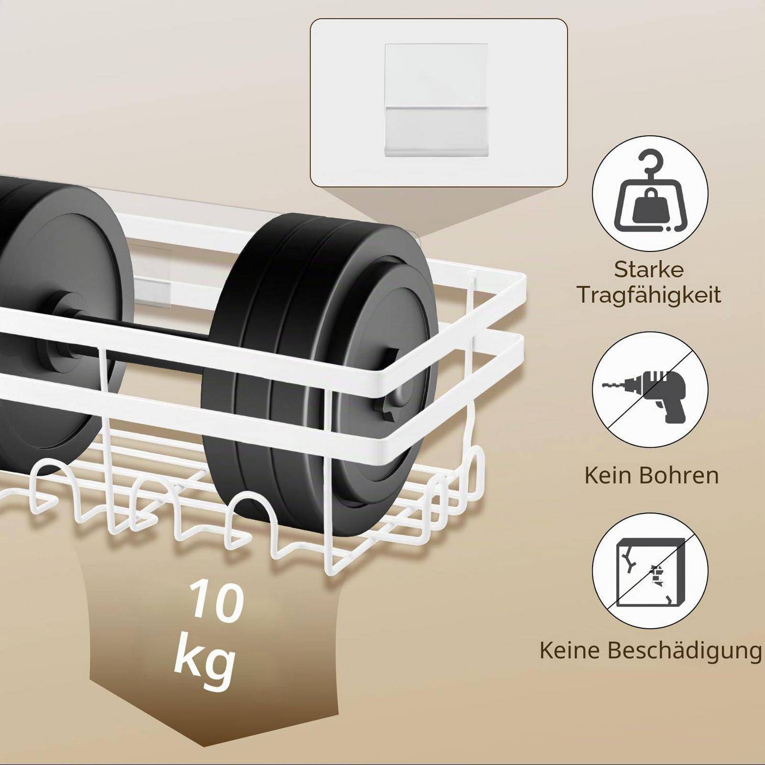 Weiß montierter Wanddrahtkorb mit zwei schwarzen Rollen, gekennzeichnet mit 10 kg, mit Symbolen, die hohe Tragfähigkeit, bohrerfrei und keine Wandbeschädigung zeigen.