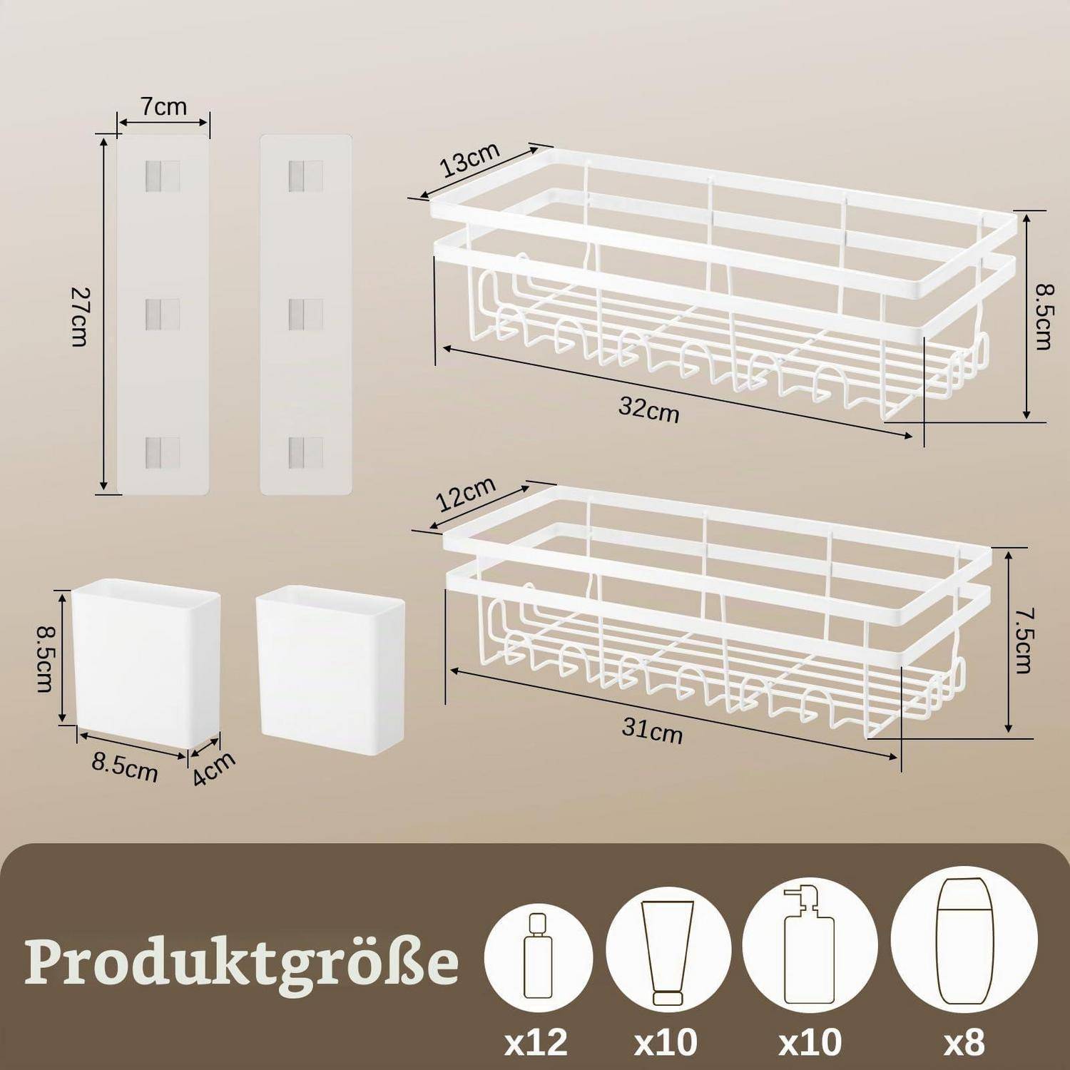 Größentabelle für einen weißen Aufbewahrungskorb mit angegebenen Abmessungen: 32 x 13 x 8,5 cm und 31 x 12 x 7,5 cm, sowie Symbole für die Zubehörkapazität.