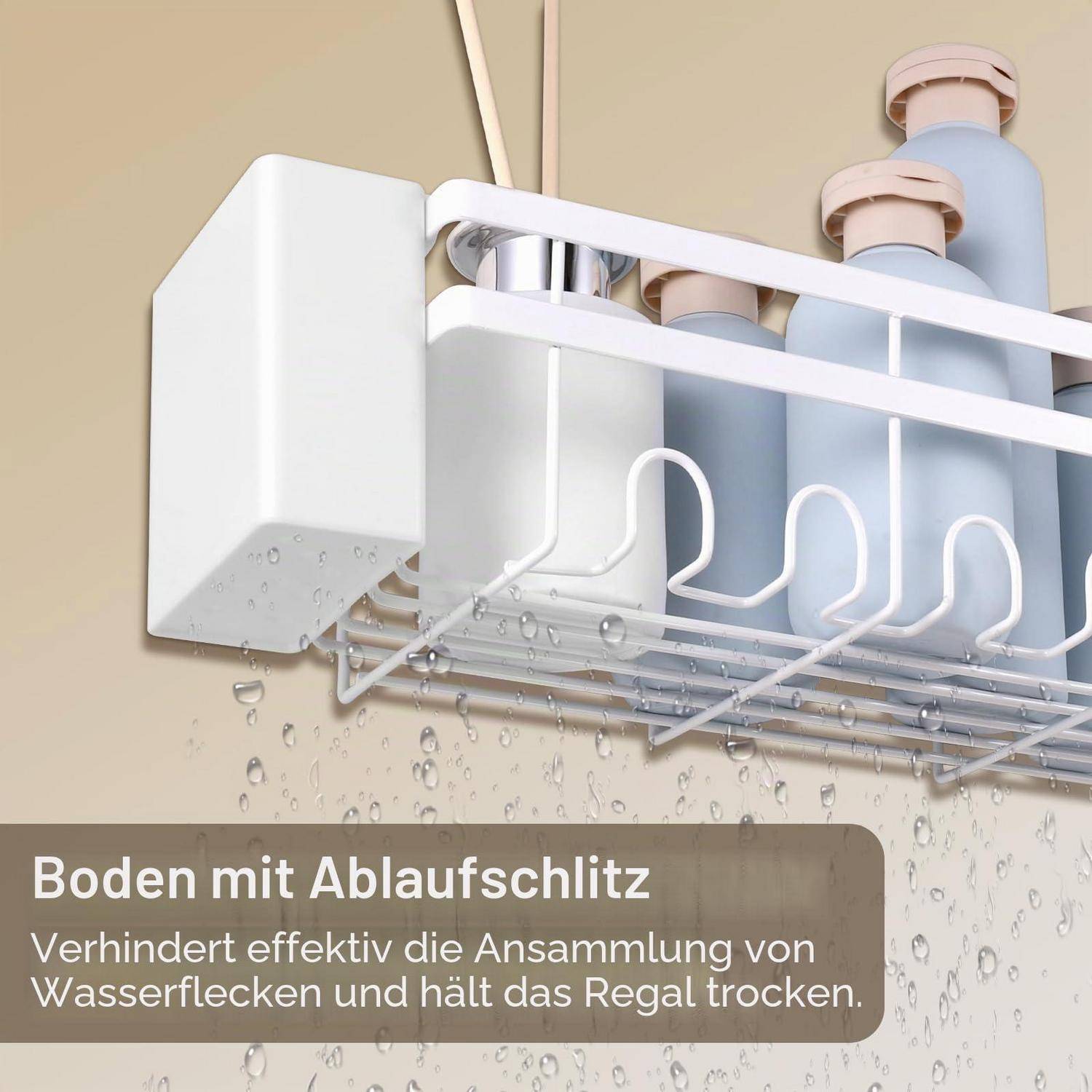 Wandmontiertes Regal mit Ablaufrinne und Flaschenhaltern, gezeigt mit Wasser, das ablauft; deutscher Text besagt, dass es Wasserflecken verhindert und das Regal trocken hält.