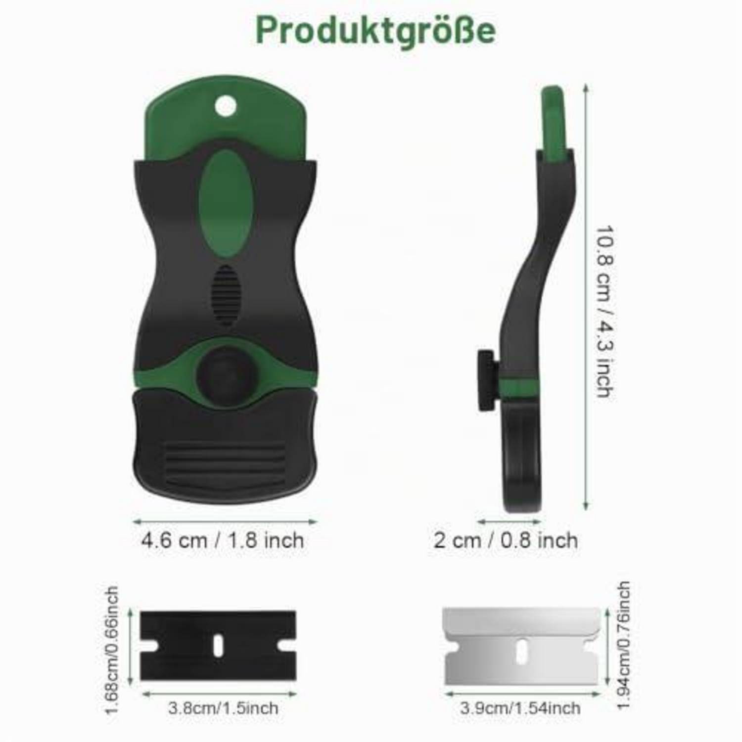 Produktgrößendiagramm zeigt ein schwarzes und grünes wandmontiertes Clip-Zubehör mit einer Höhe von 10,8 cm und einer Breite von 4,6 cm, mit Seiten- und Basismessungen in Zoll und Zentimetern.