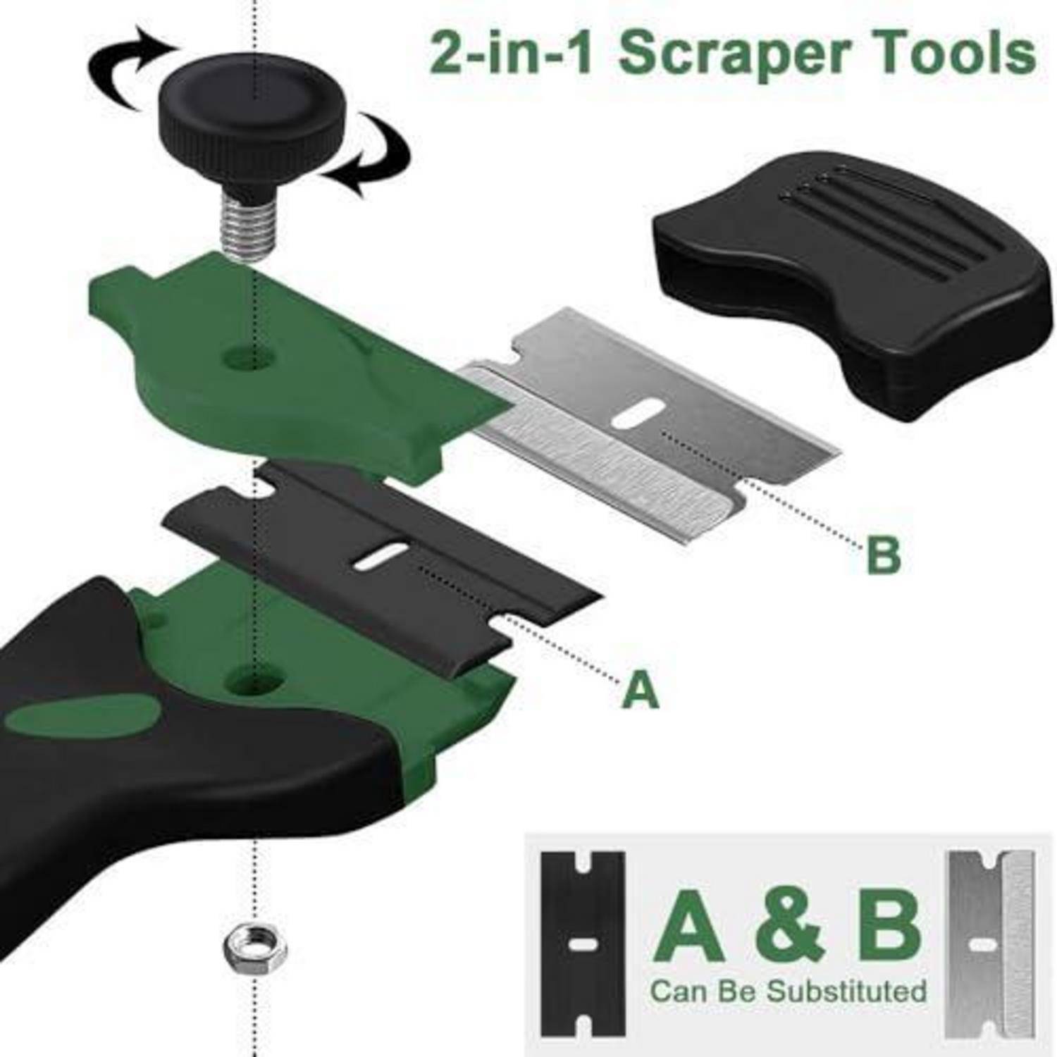 Illustration eines 2-in-1-Schabewerkzeugs mit austauschbaren Klingen A und B, das den Griff, die Klingenschlitze und zeigt, dass A und B ausgetauscht werden können.