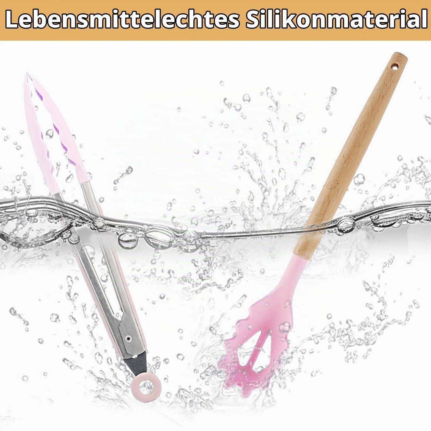 Zwei rosa Silikon-Küchenutensilien mit Holzgriffen werden gezeigt, wie sie im Wasser spritzen, unter dem deutschen Text „Lebensmittelechtes Silikonmaterial