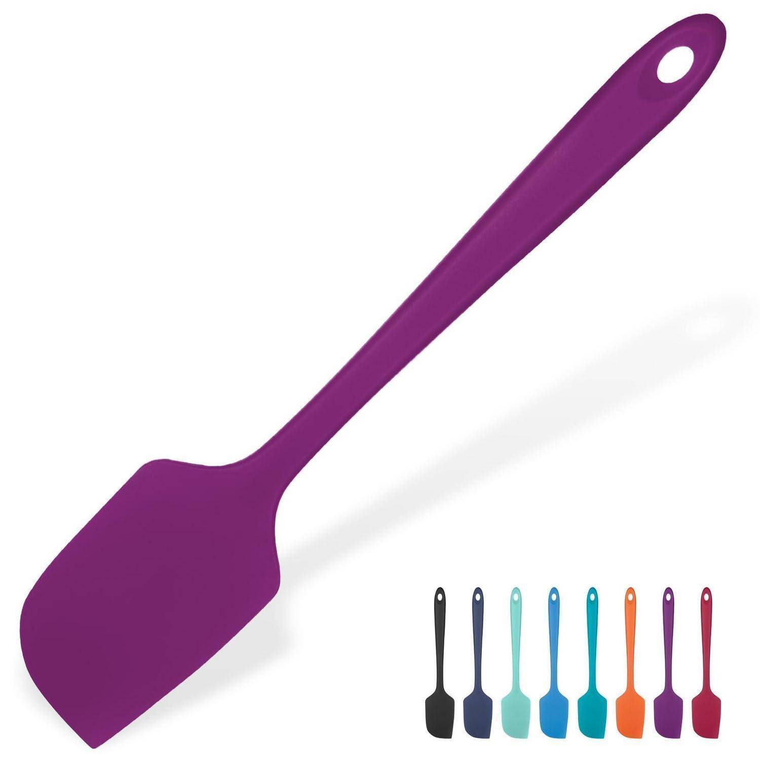 Violetter Silikonspatel mit langem Griff und Aufhängeloch, darunter mit kleinen Farboptionen abgebildet.