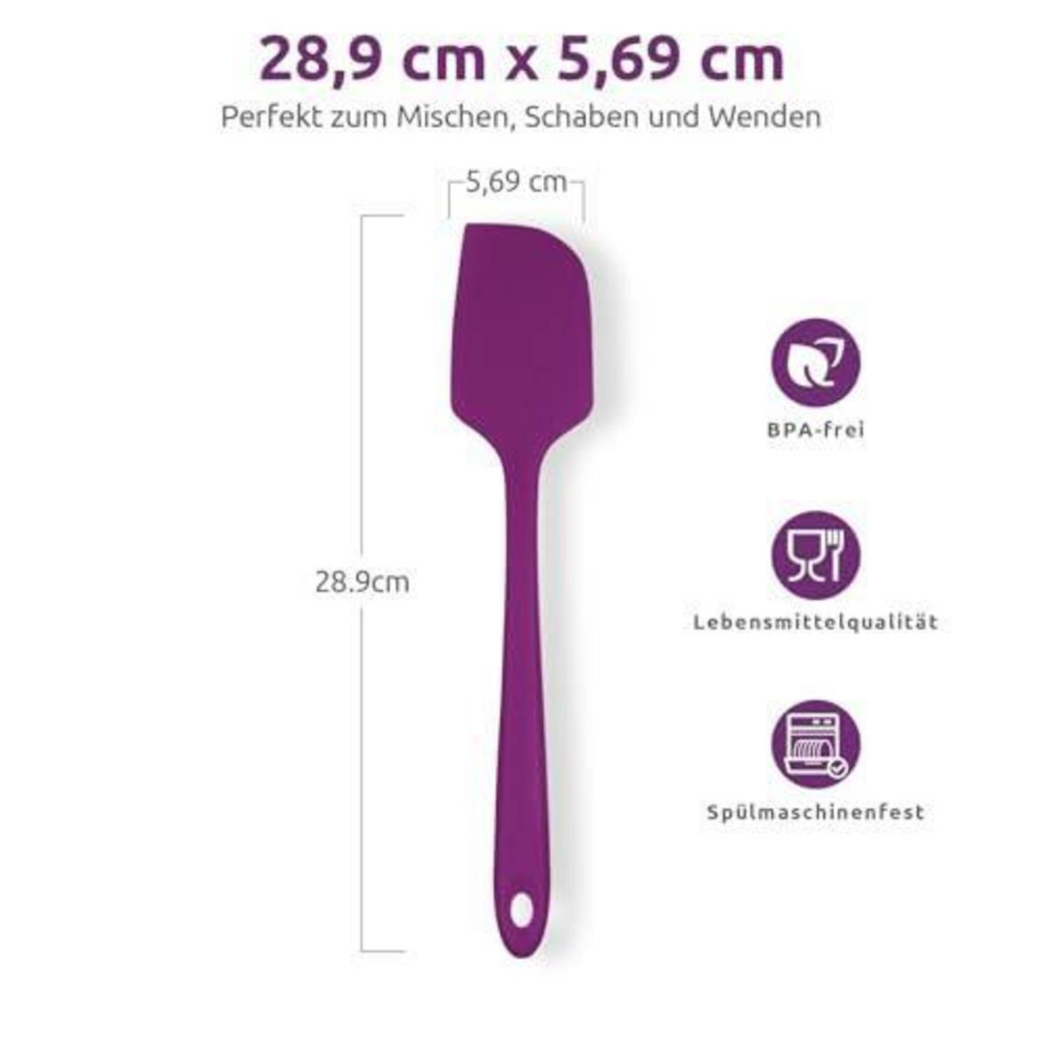 Lila Silikon-Spatel mit den Abmessungen 28,9 cm x 5,69 cm; gekennzeichnet als geeignet zum Mischen, Kratzen und Wenden, BPA-frei, lebensmittelecht und spülmaschinenfest.