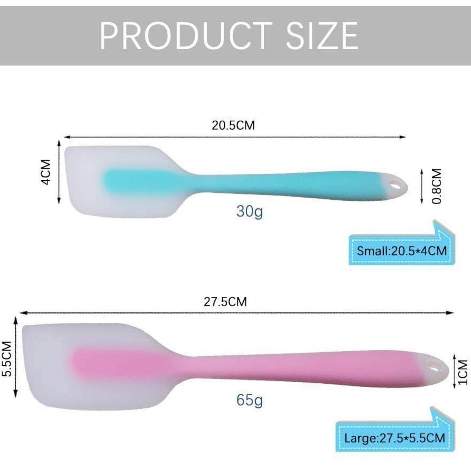 Produktgrößentabelle mit zwei Spachteln: klein 20,5 x 4 cm, 30 g und groß 27,5 x 5,5 cm, 65 g.
