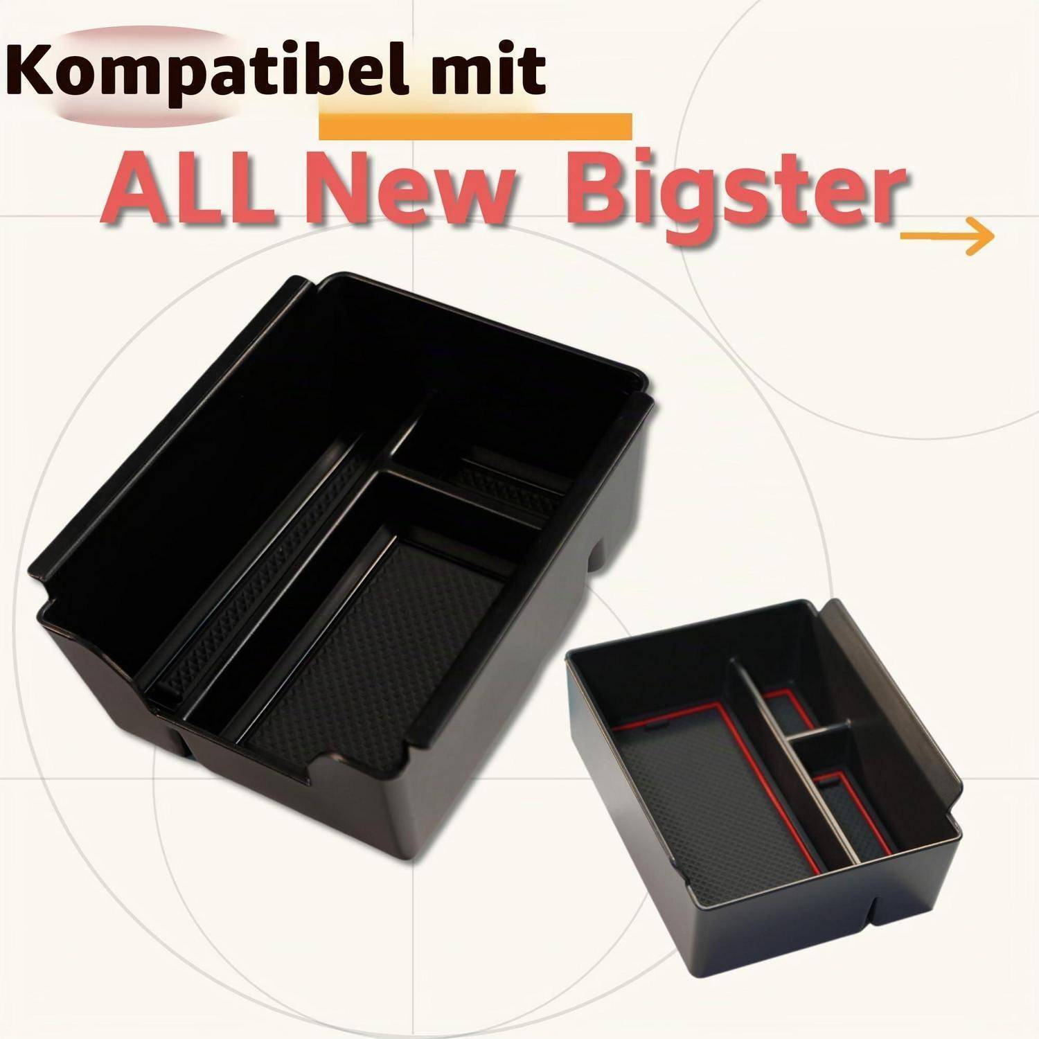 Werbebild von zwei schwarzen Lagerfacheinsätzen mit der Beschriftung "Kompatibel mit ALL New Bigster"", das kompatible Auto-Konsolenorganizer zeigt.