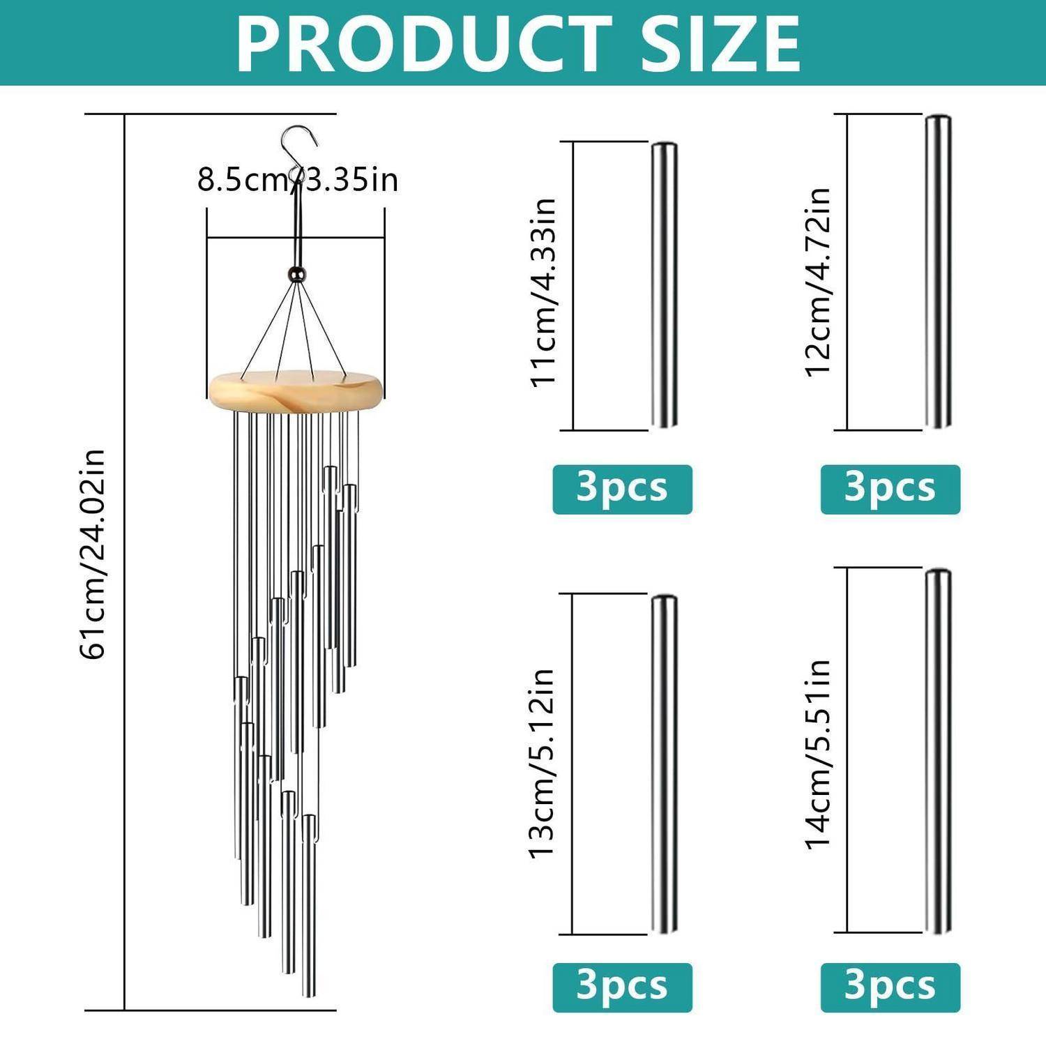 Produktgrößendiagramm für ein hängendes Windspiel, das die Gesamtlänge von 61 cm (24,02 Zoll), die obere Breite von 8,5 cm (3,35 Zoll) und vier Rohrgröße zeigt: 11 cm, 12 cm, 13 cm, 14 cm, jeweils 3 Stück.