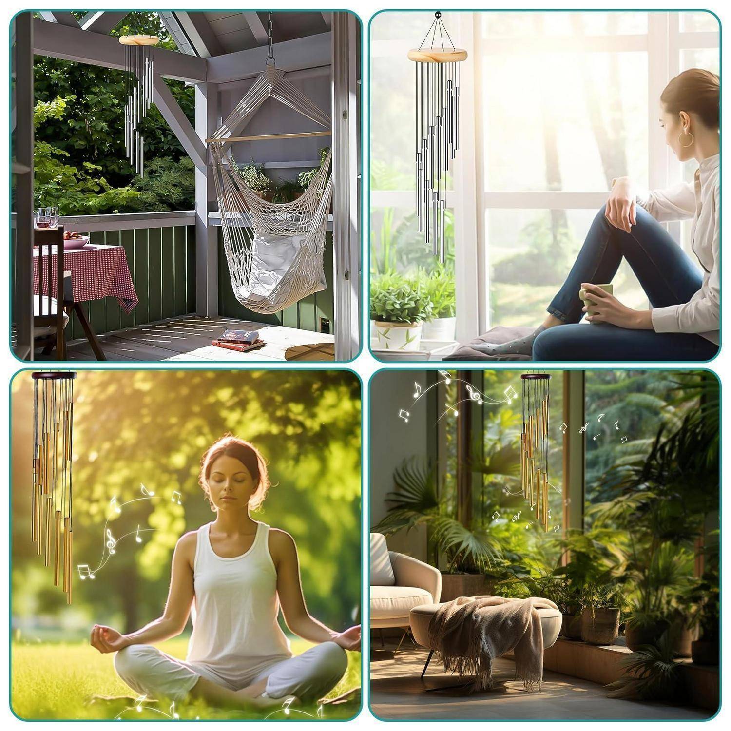 Vier Fotos zeigen eine hängende Hängematte und ein Windspiel auf einer Veranda, eine Frau, die neben einem sonnigen Fenster sitzt, eine Frau, die im Freien meditiert, und ein gemütliches, mit Pflanzen gefülltes Zimmer mit einem Windspiel.