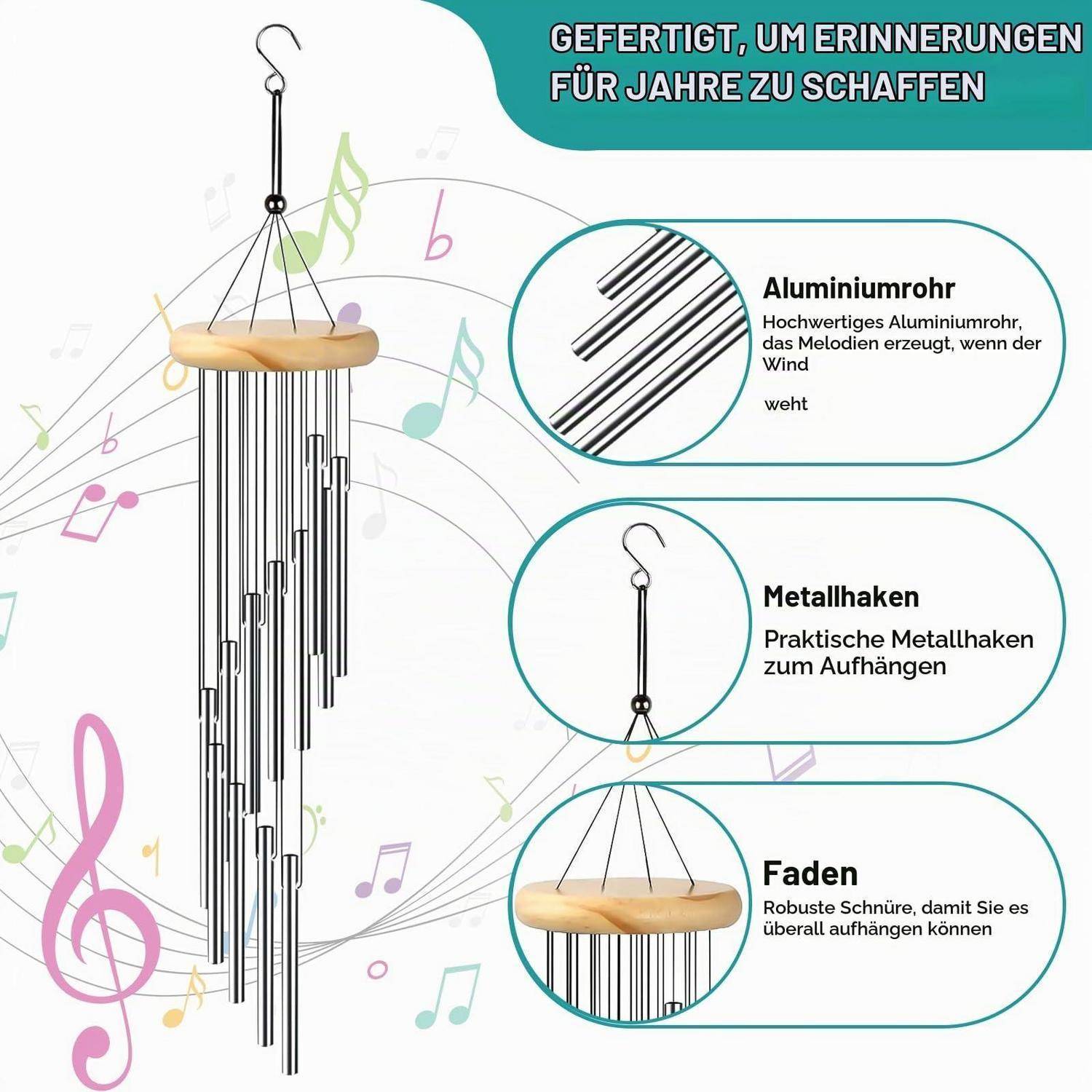 2er Set Windspiel Garten 24 Aluminiumröhren 61cm Holz Ø 8,5cm