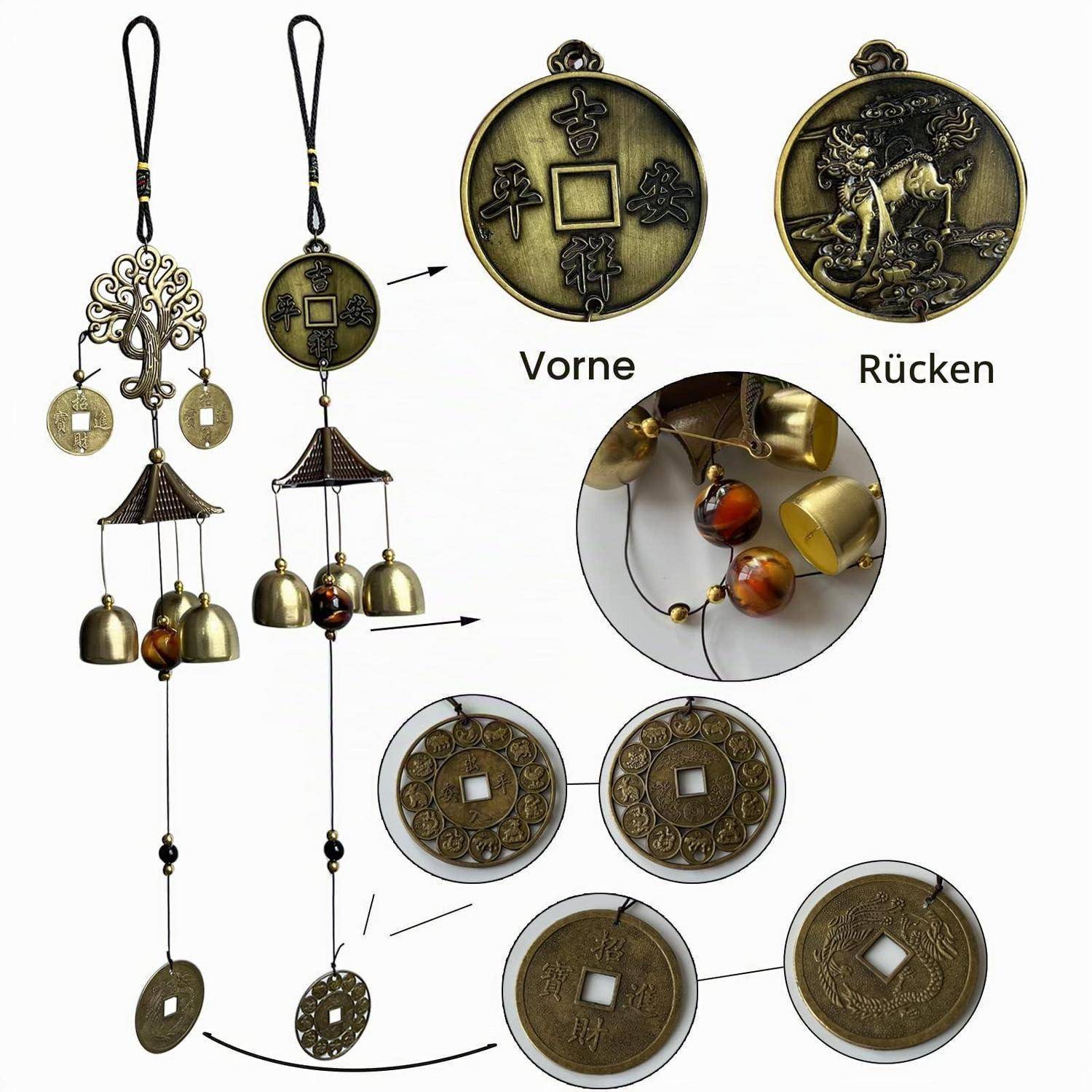 Collage einer bronzefarbenen hängenden Windspiel-/Ornament mit Glocken und Perlen, zeigt Vorder- und Rückseiten-Medaillons sowie Nahaufnahmen der Teile und dekorativen Muster.