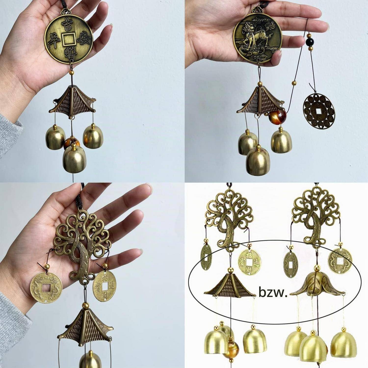Collage mit vier Ansichten von dekorativen Messingbaumeln: Baum- und Anhängerdesigns mit Glocken, Scheiben und einem pagodaförmigen Mittelteil, das in einer Hand gehalten und auf einem Diagramm gezeigt wird.