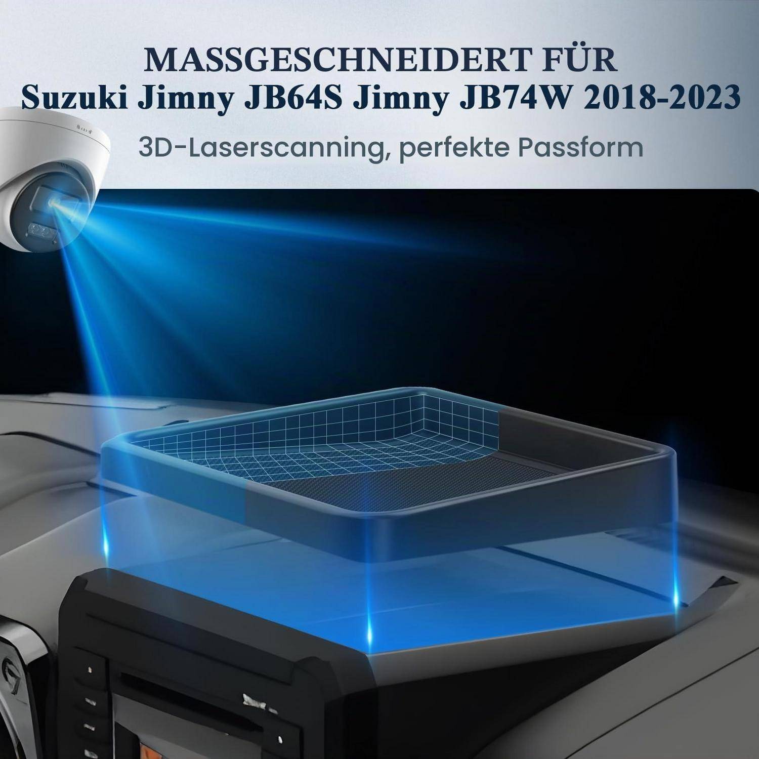 Werbegrafik für Suzuki Jimny JB64S/JB74W 2018-2023, zeigt 3D-Laserscanning für ein maßgefertigtes Zubehörtablett oder eine Einlage.