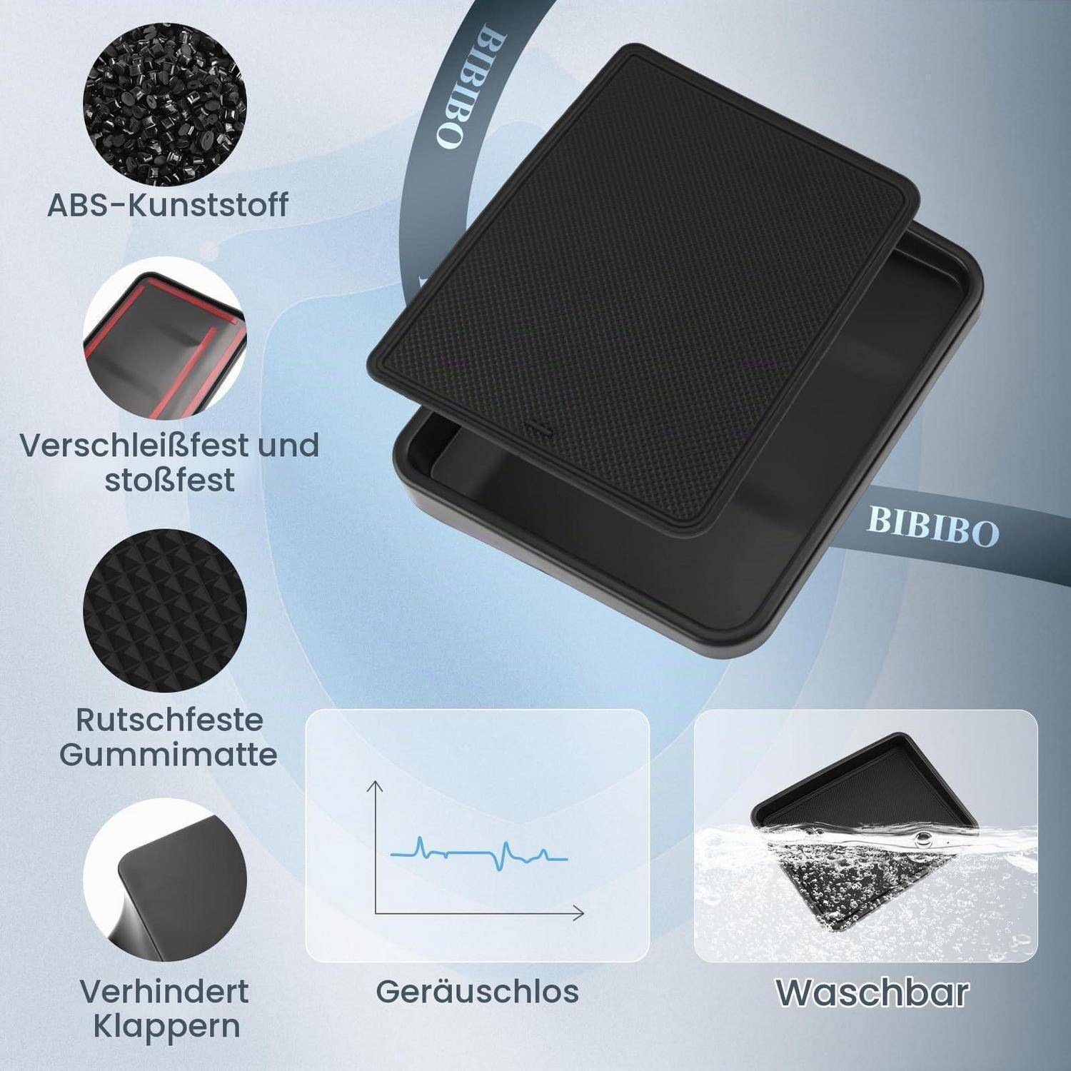 Produktbild eines schwarzen ABS-Kunststoff-Tabletts mit rutschfester Gummimatte, das die langlebigen, leisen, waschbaren und geräuschlosen Eigenschaften hervorhebt.