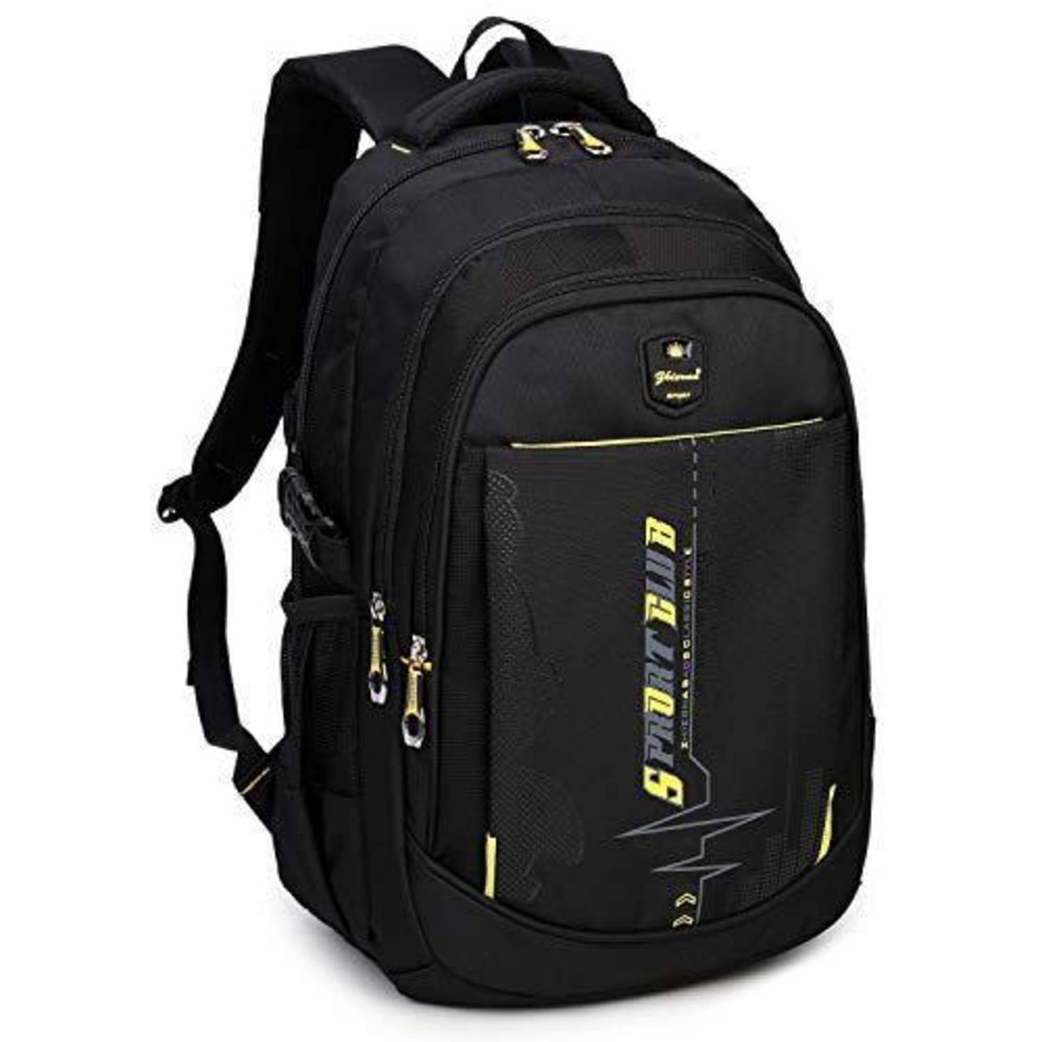 Schwarzer Rucksack mit gepolsterten Schultergurten, mehreren Reißverschlussfächern und gelben grafischen Akzenten auf weißem Hintergrund.