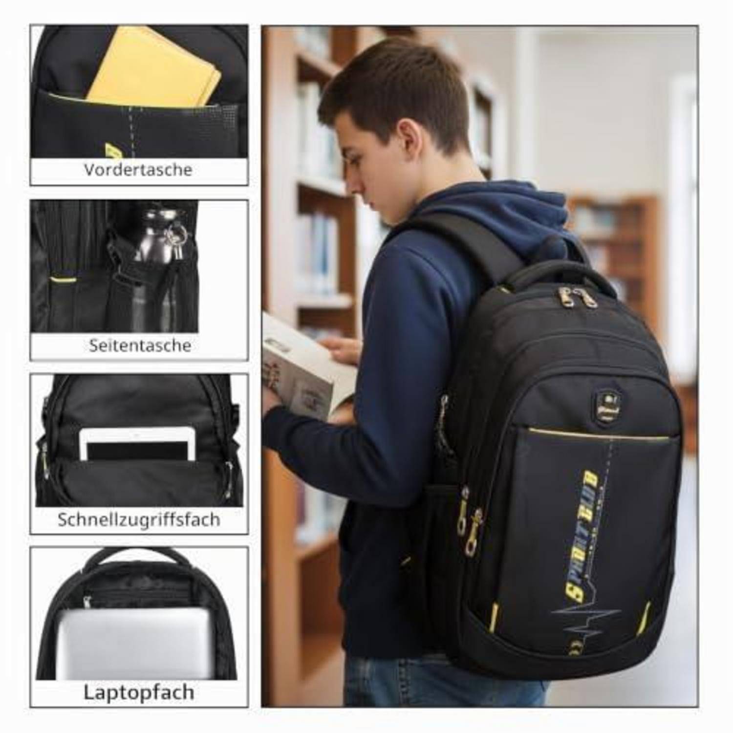 Junge mit schwarzem Rucksack in einer Bibliothek; Einschubbilder mit Beschriftungen „Vordertasche", „Seitentasche"", „Schnellzugriffsfach"" und „Laptopfach"", die Stauräume zeigen.