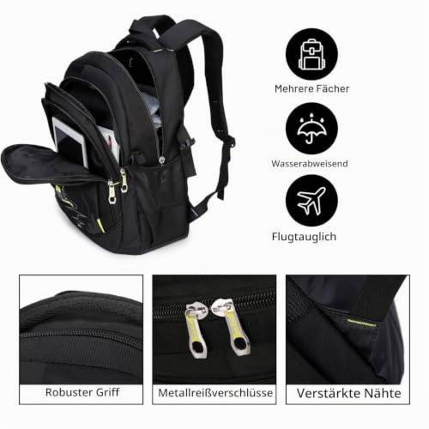 Schwarzer Multi-Fach-Rucksack mit gepolsterten Trägern und Seitentasche; Etiketten heben das wasserbeständige, flugtaugliche Design, robuste Griffe, Metallreißverschlüsse und verstärkte Nähte hervor.