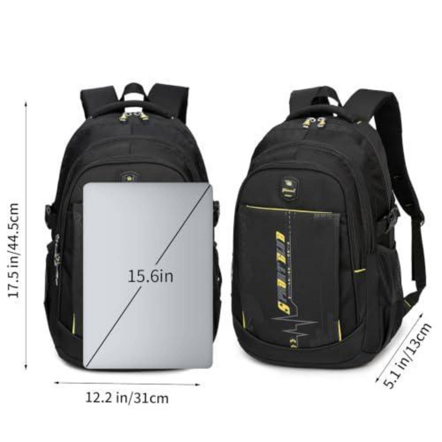 Schwarzer Rucksack von vorne und von der Seite gezeigt, mit Größenangaben: 17,5 Zoll hoch, 12,2 Zoll breit, 5,1 Zoll tief, passt für einen 15,6-Zoll-Laptop.