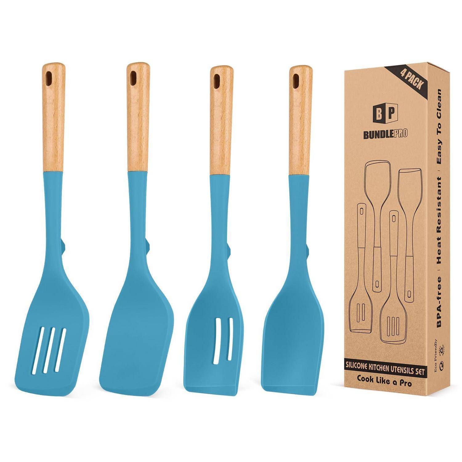 Vier blaue Silikon-Küchenschaber mit Holzgriffen und einer Produktverpackung mit der Bezeichnung „4er-Pack