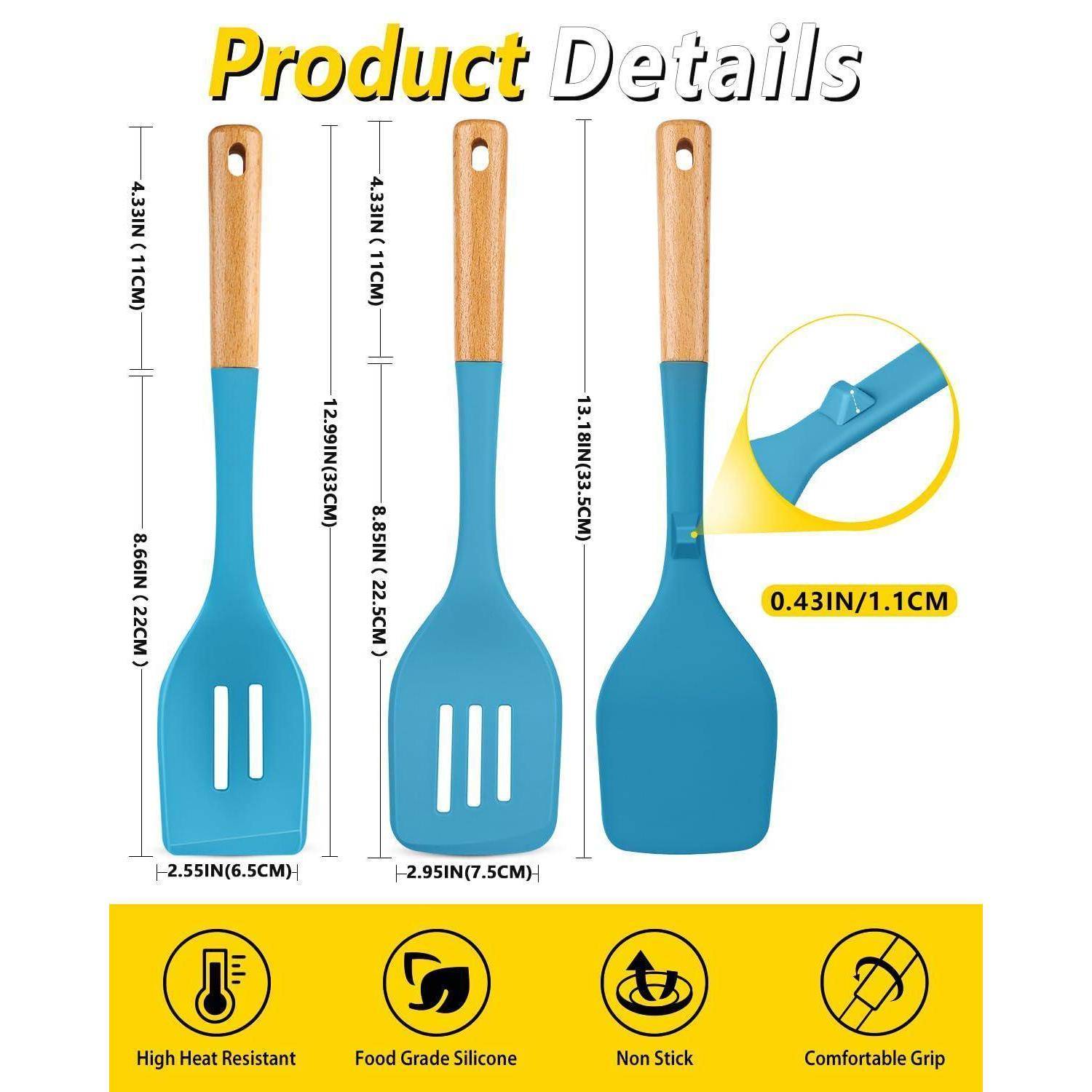 Produktdetails zeigen drei blaue Silikonspatel mit Holzgriffen, Größenmessungen und eine eingefügte Markierung eines Aufhängelochs; Symbole weisen auf Hitzebeständigkeit, lebensmittelgerechtes Silikon, Antihaftung und ergonomischen Griff hin.