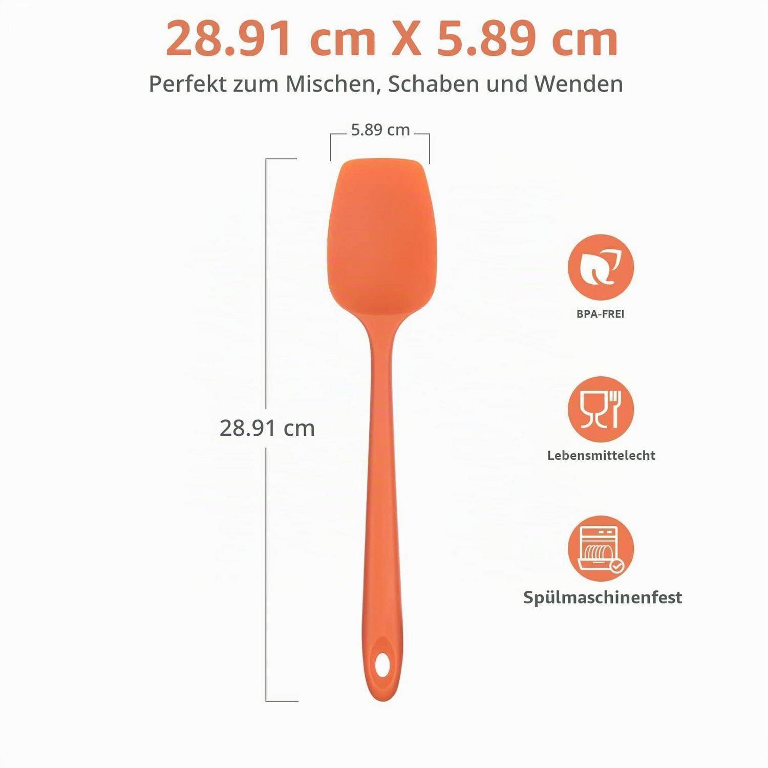 Orange-Silikonspatel mit den Abmessungen 28,91 cm x 5,89 cm; gekennzeichnet als BPA-frei, lebensmittelgeeignet und spülmaschinenfest.