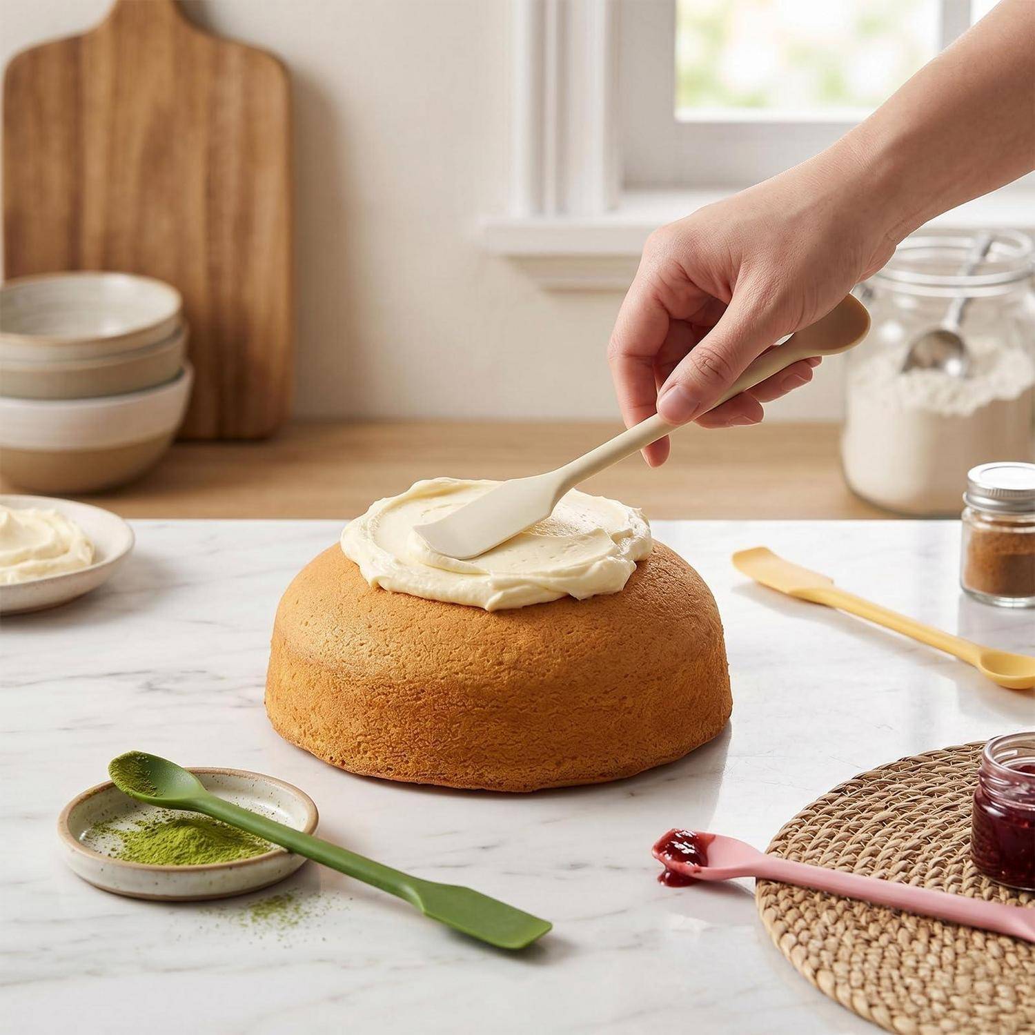 Eine Hand trägt Frosting auf einen einfachen runden Kuchen auf einer Küchentheke auf, daneben befinden sich Schüsseln und Backwerkzeuge.