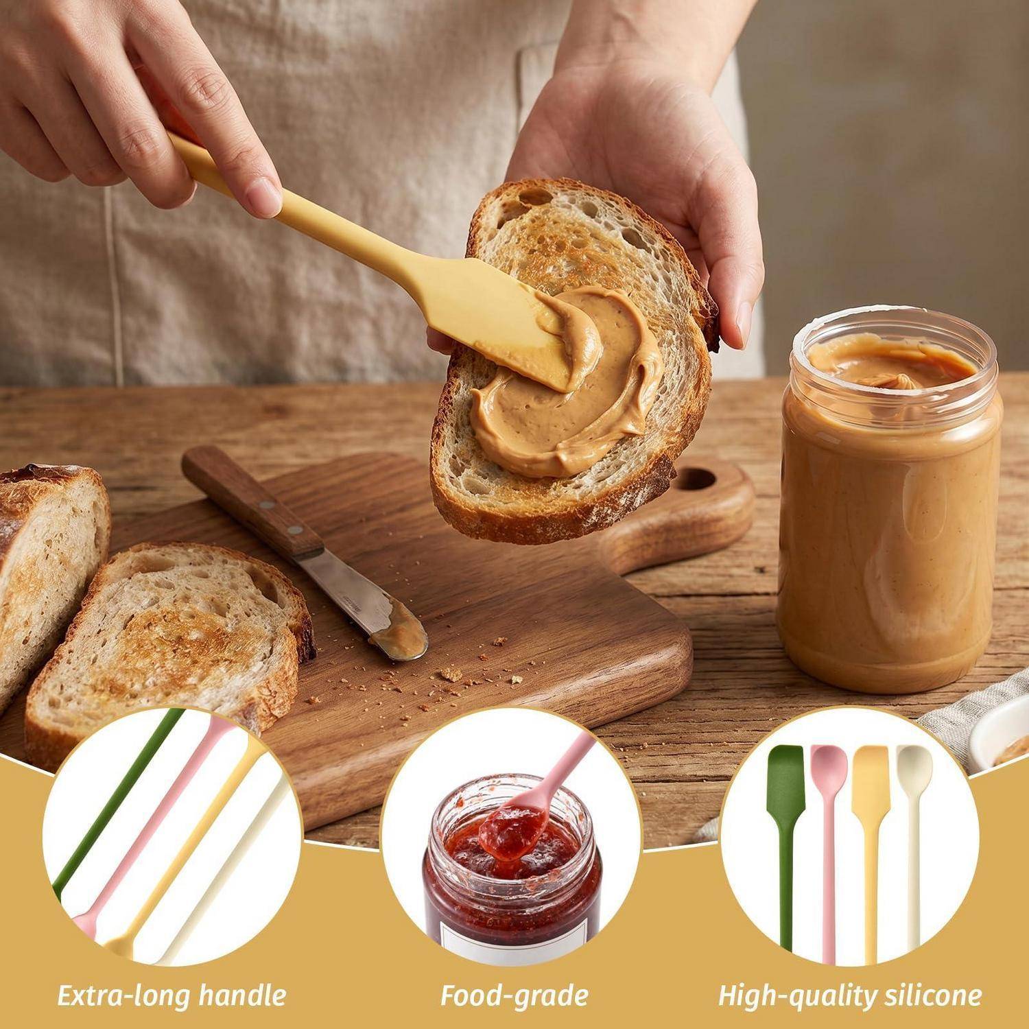 Hände verteilen Erdnussbutter auf Toast neben einem Glas Aufstrich; Beschriftungen unten heben den extra langen Griff, lebensmittelecht und hochwertige Silikon hervor.