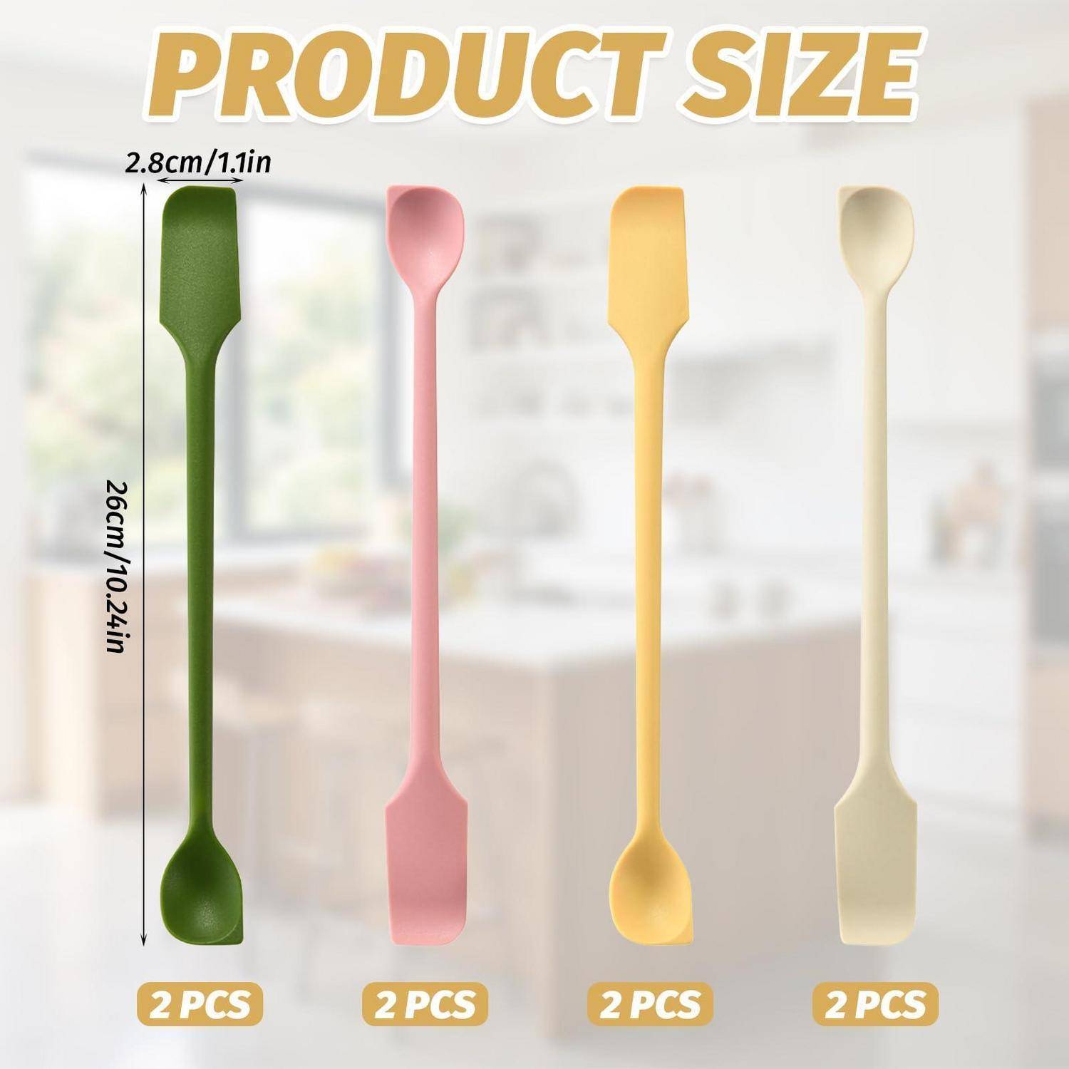 Größentabelle für Produkte mit vier Silikonspachteln in Grün, Rosa, Gelb und Creme, jeweils 26 cm lang und 2,8 cm breit, gekennzeichnet mit „2 STÜCK