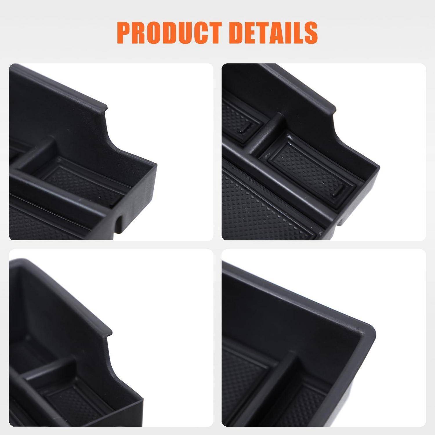 Produktdetails-Collage mit einer schwarzen Autoinnenraum-Ablage mit erhöhten Rändern, strukturierter rutschfester Einlage und unterteiltem Design aus mehreren Blickwinkeln.