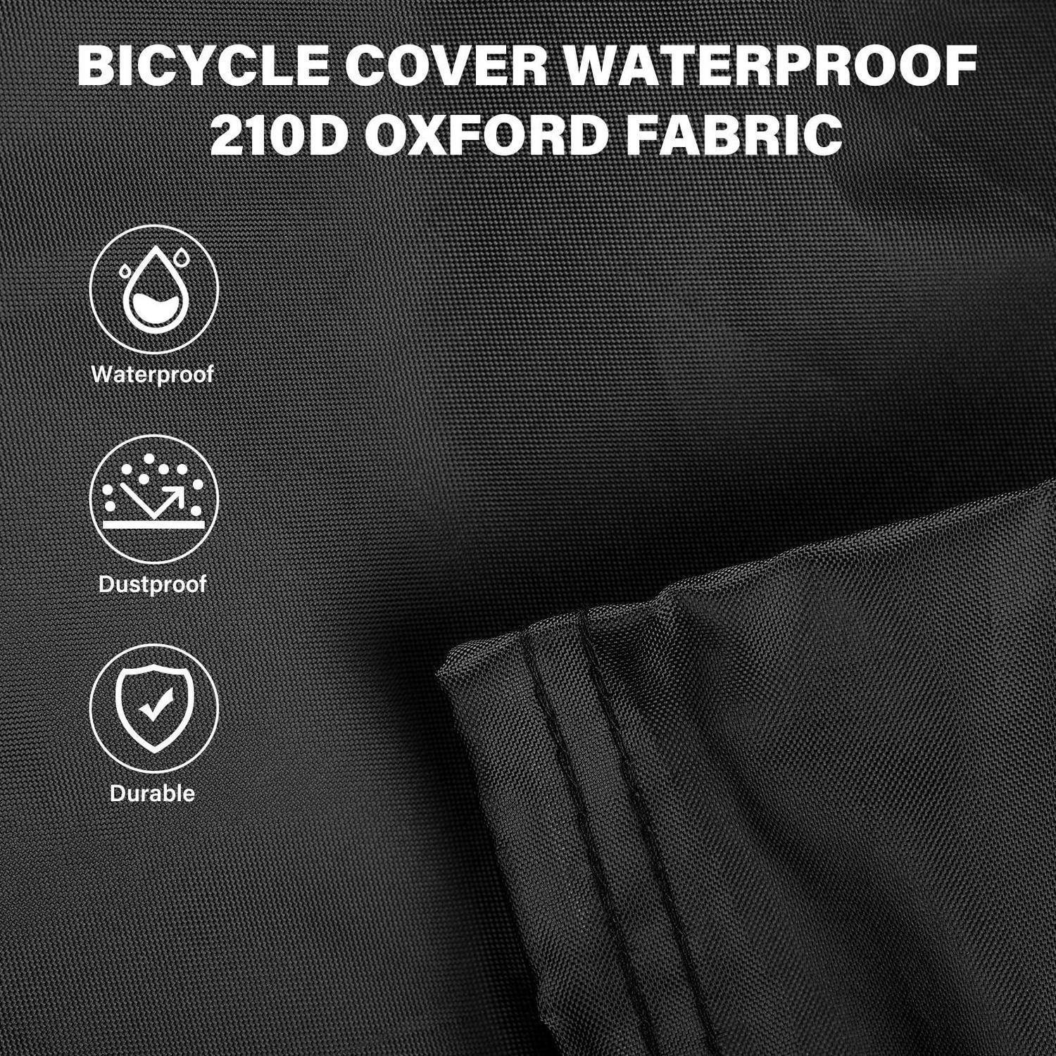 Fahrradverschluss aus wasserdichtem 210D Oxford-Gewebe mit Symbolen, die wasserdichte, staubdichte und langlebige Eigenschaften hervorheben.