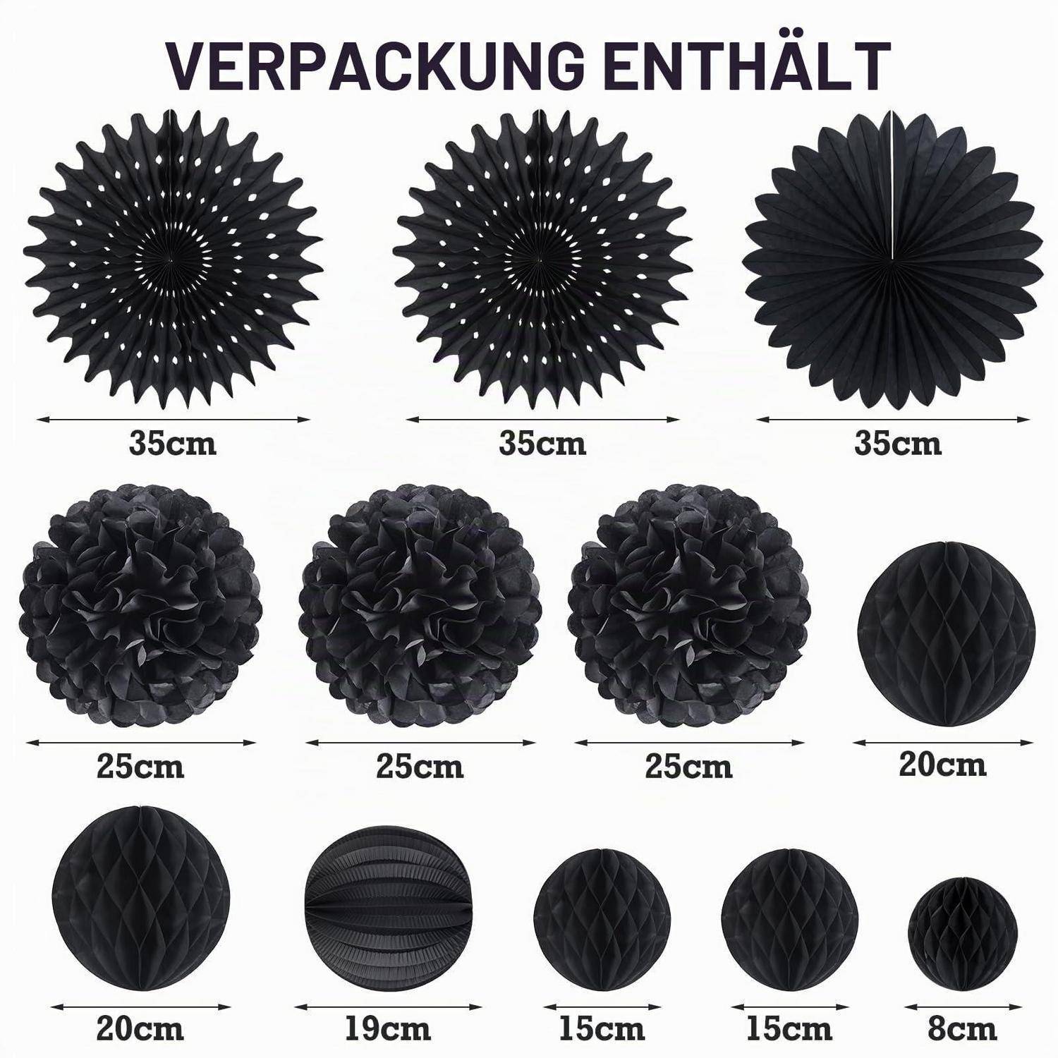 VERPACKUNG ENTHÄLT' zeigt neun schwarze dekorative Papierverzierungen mit folgenden Größen: drei 35 cm, drei 25 cm, zwei 20 cm und ein 19 cm, sowie zwei 15 cm und ein 8 cm großes Element.