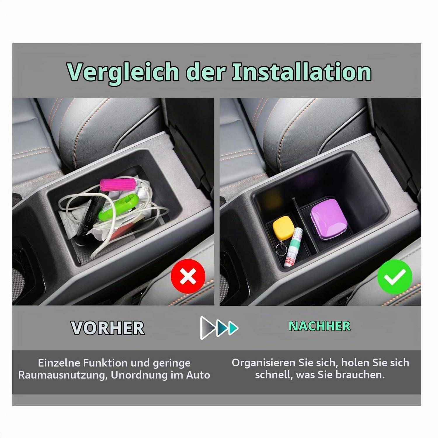 Vergleich der Autokonsolen-Organizer vorher und nachher: Links zeigt ungeordnete Lagerung mit einem roten X; rechts zeigt ordentlich angeordnete Gegenstände mit einem grünen Häkchen.