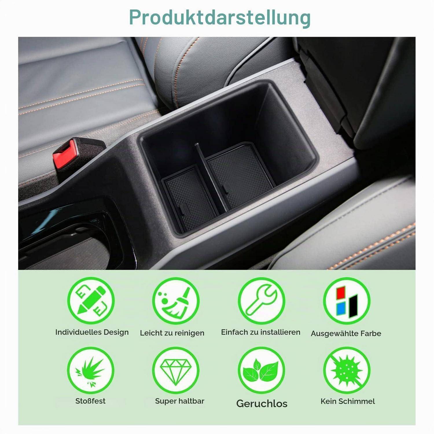 Produktbild einer Mittelkonsolen-Organizer-Einsatz für Autos mit Fächern, gezeigt mit deutschen Funktionssymbolen für individuelles Design, einfache Reinigung, einfache Installation, Farbauswahl, langlebig, geruchsneutral und schimmelfrei.