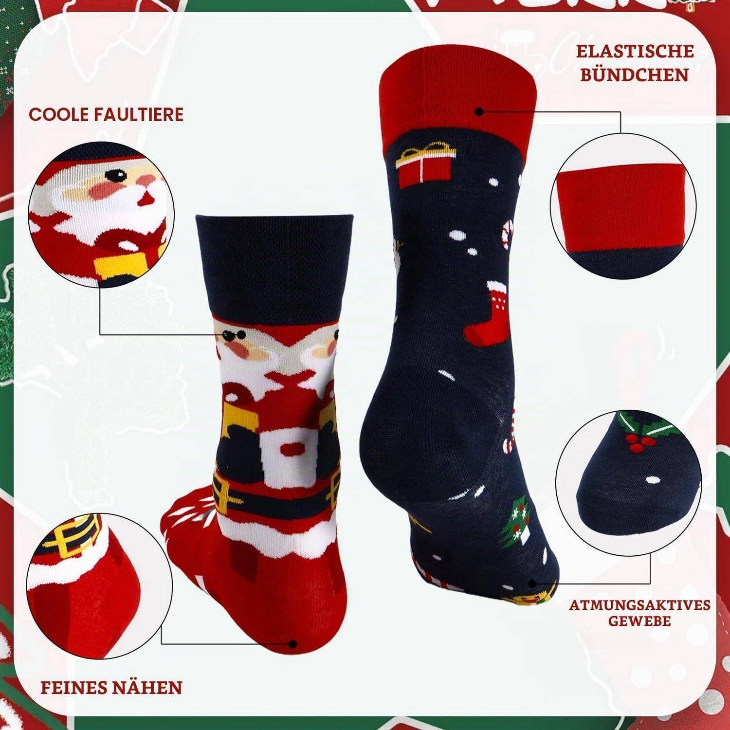 Illustration von zwei weihnachtlich gestalteten Socken mit gekennzeichneten Merkmalen: kühle Ferse, feine Steppung, elastischer Bund und atmungsaktives Gewebe.