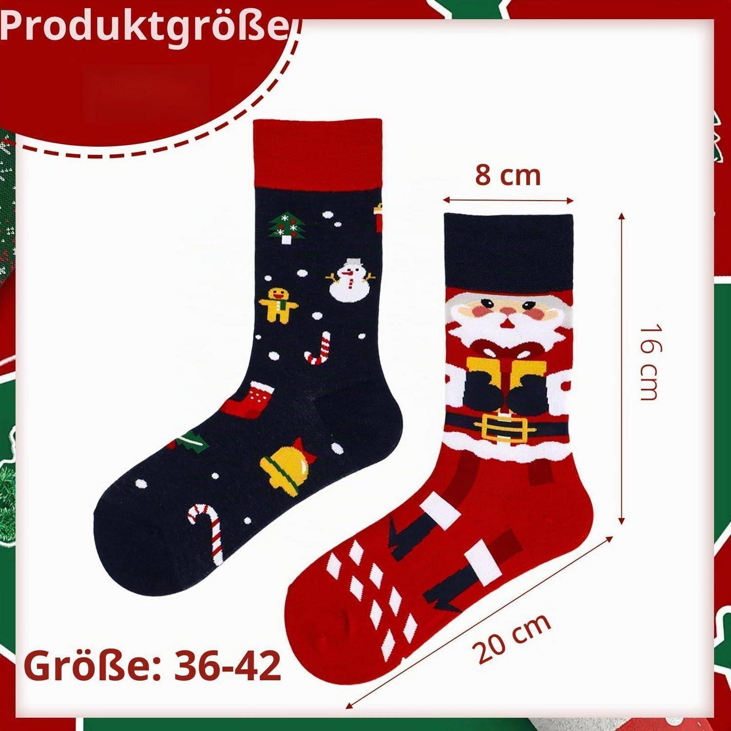 Produktgrößengrafik mit festlichen Socken in Größe 36-42, mit Abmessungen von 20 cm Länge, 16 cm Höhe und 8 cm Breite.
