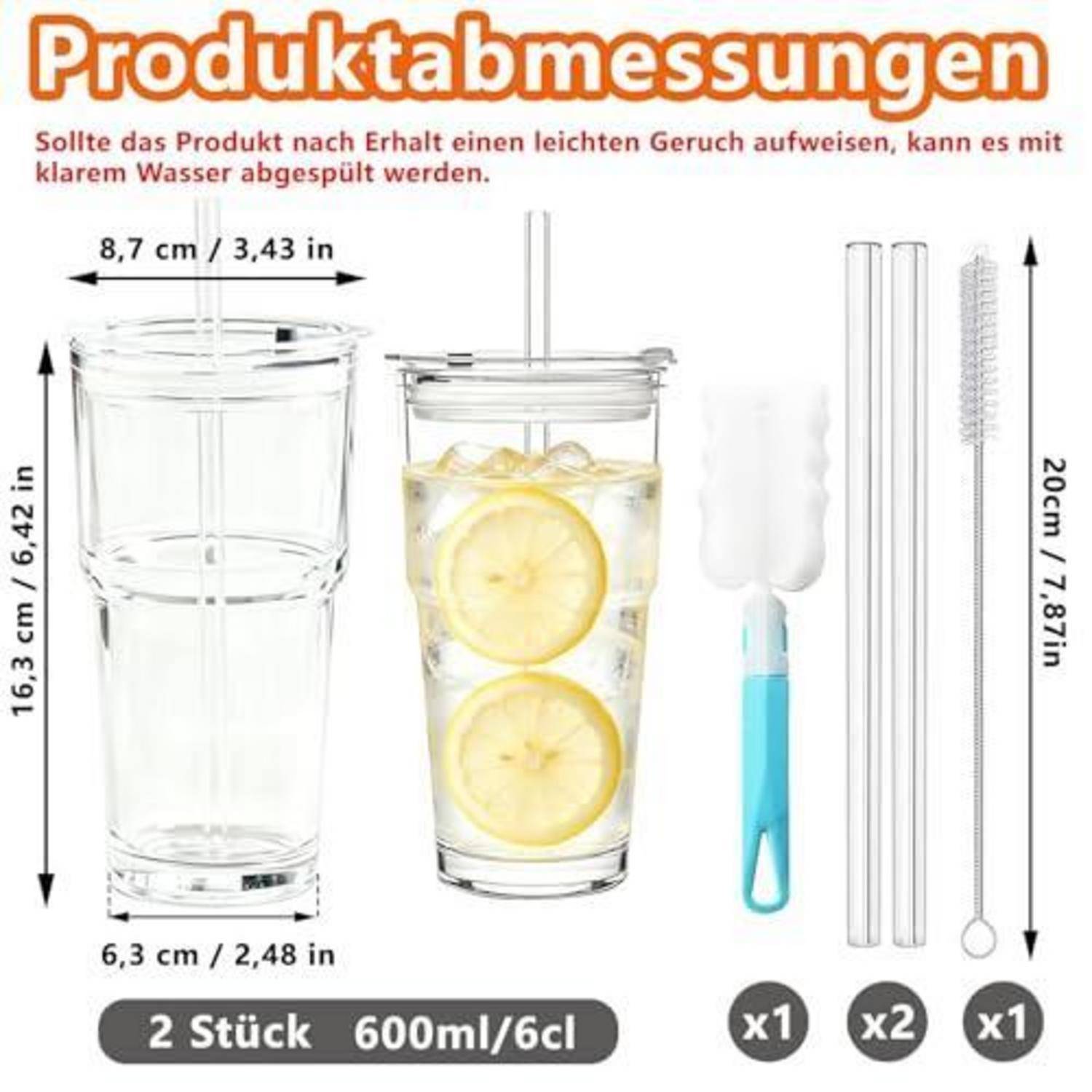 2x Glasbecher 600ml mit Deckel, Strohhalm und Reinigungsbürste