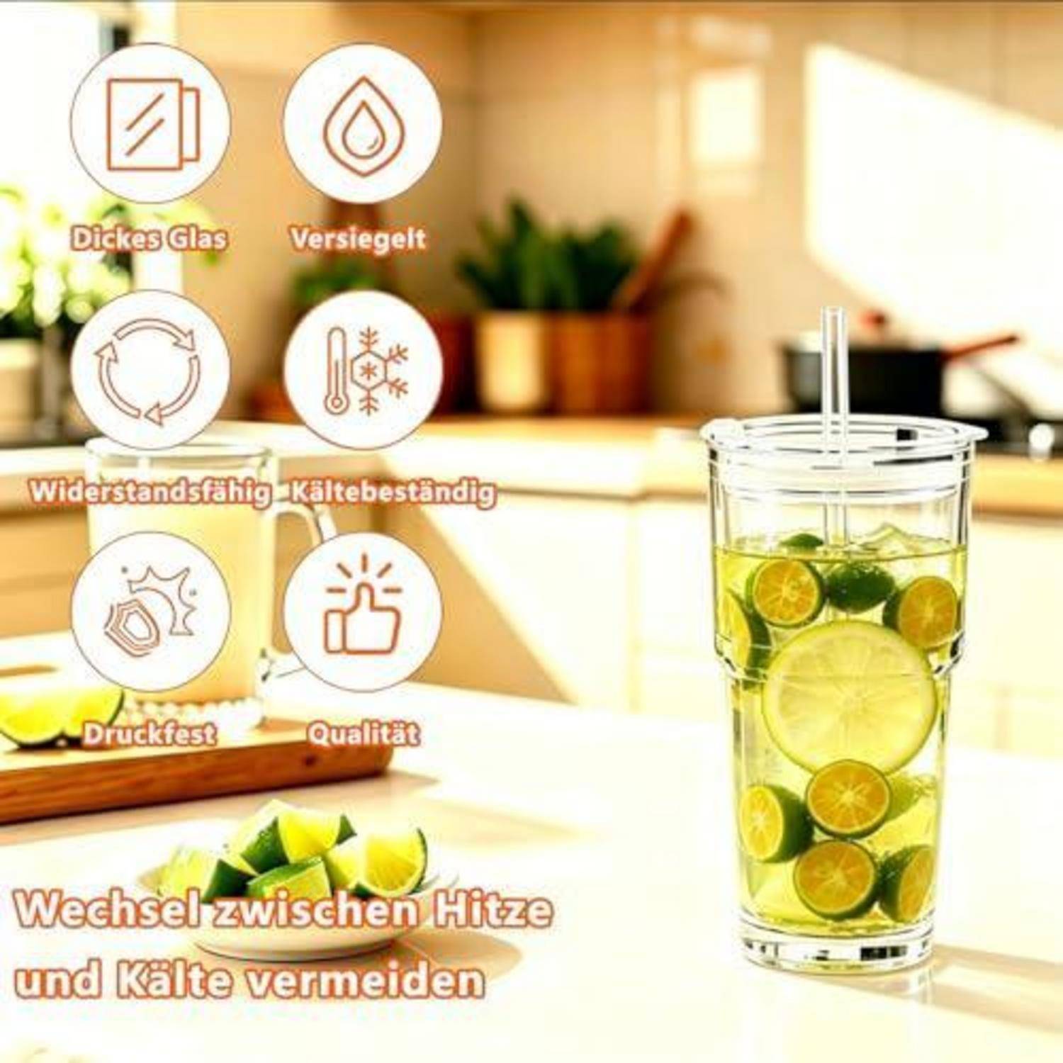 Klares Glas mit Strohhalm, das ein Zitrusgetränk und Eis hält, mit deutschen Merkmalsabbildern gezeigt: dickes Glas, versiegelt, langlebig, kältebeständig, druckbeständig, hochwertig, und Text „Wechsel zwischen Hitze und Kälte vermeiden".