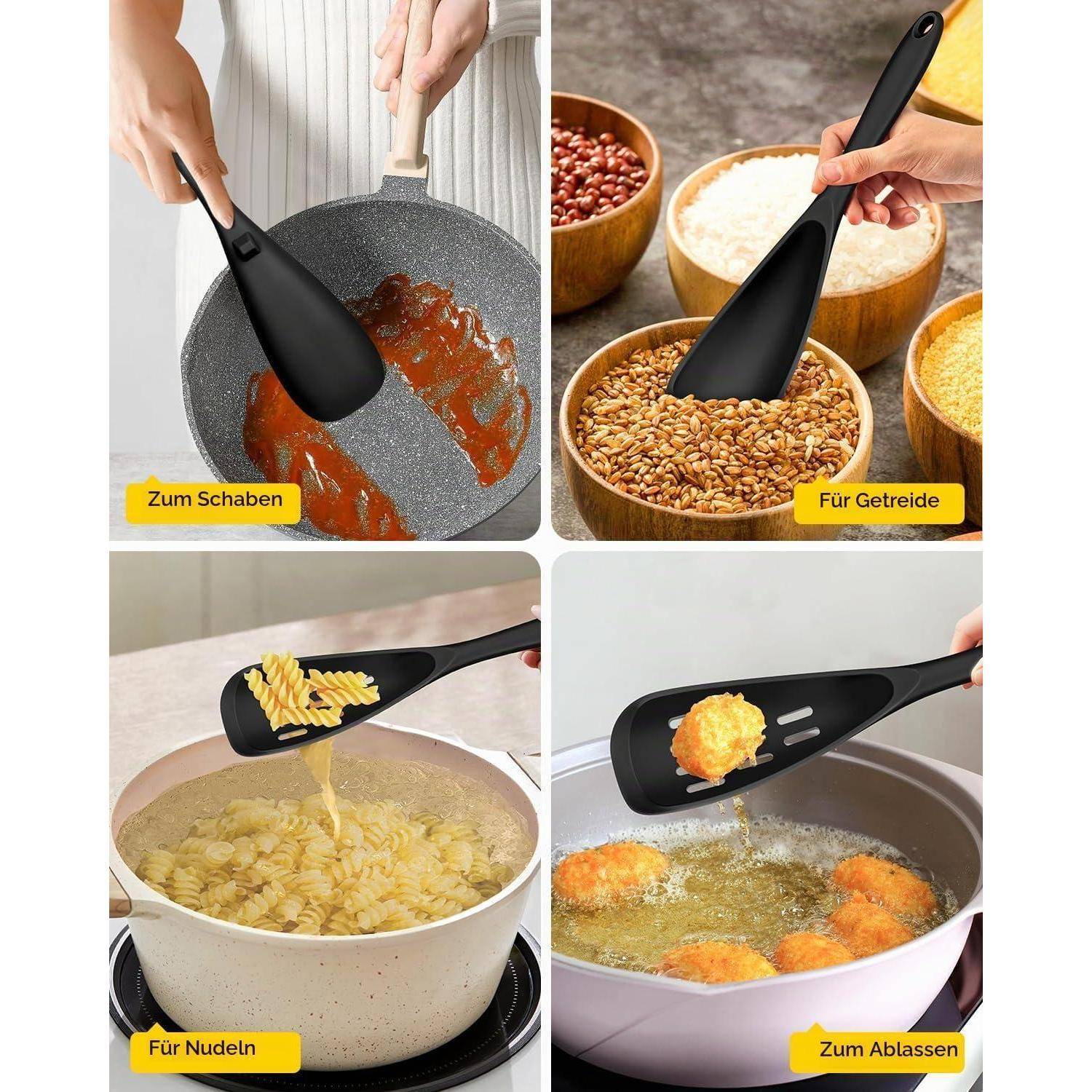 Collage zeigt einen schwarzen Silikonlöffel mit Schlitzen, der zum Kratzen einer Pfanne, zum Schöpfen von Getreide, zum Heben von Pasta und zum Abtropfen von frittiertem Essen verwendet wird.