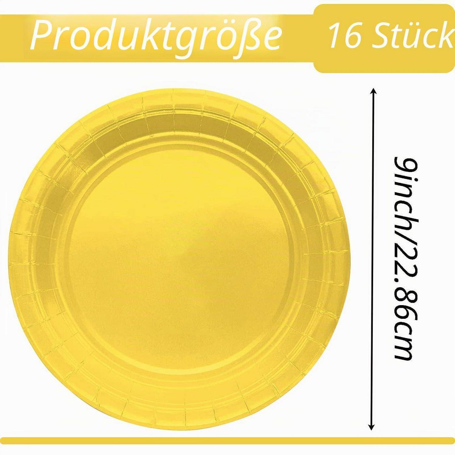 Gelber Einwegteller mit der Aufschrift „Produktgröße" und „16 Stück"", mit einem Durchmesser von 9 Zoll/22,86 cm.