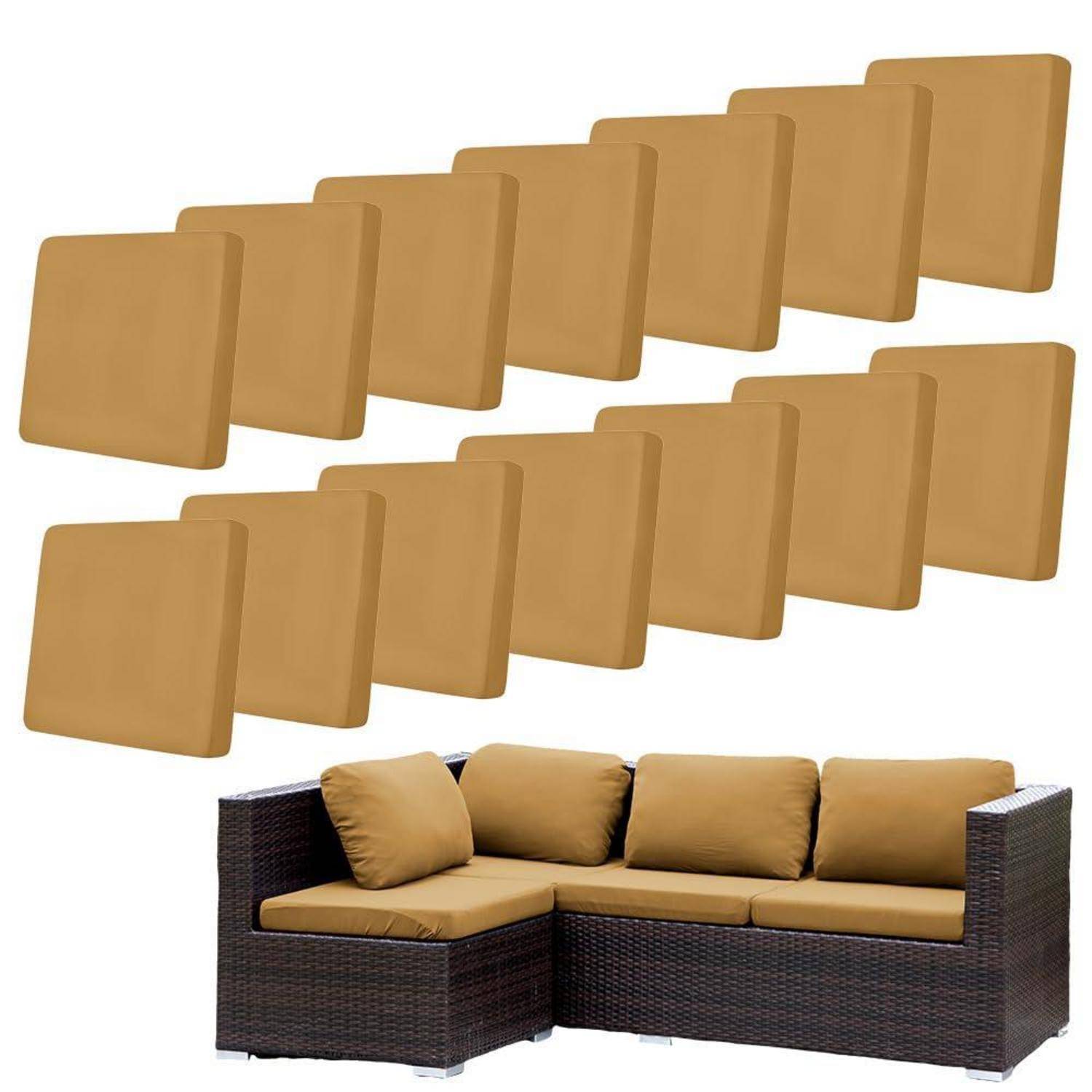 Ein L-förmiges Korb-Ecksofa mit beigen Kissen, darunter ein Satz separater beiger Sitz- und Rückenkissenstücke in Reihen angeordnet.