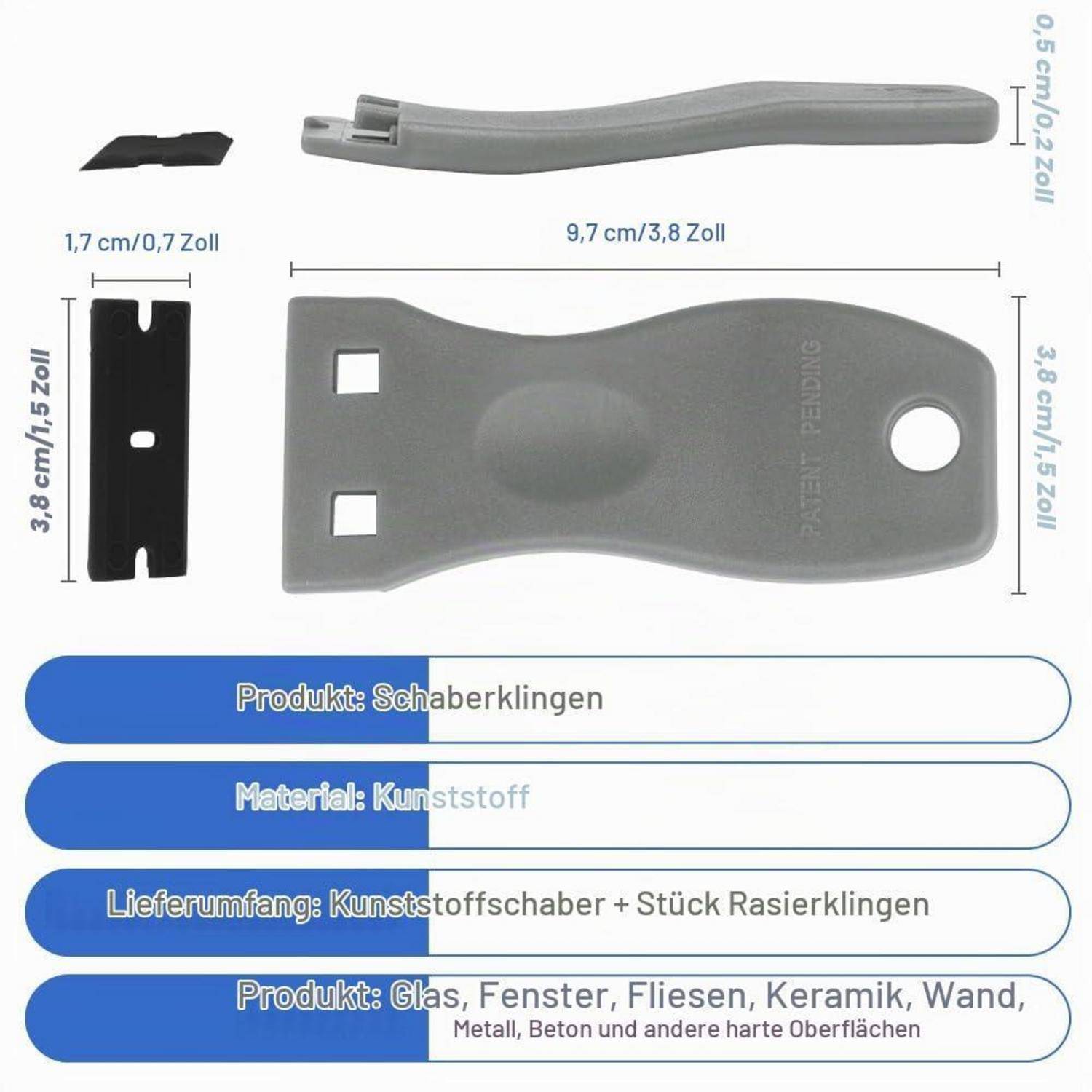 # Produkt-Abbildung eines grauen Kunststoffschabers mit austauschbarer Klinge, dargestellt in Front-, Seiten- und Klingenansichten mit Abmessungen und deutschem Text, der Produkt, Material und enthaltene Klinge auflistet.