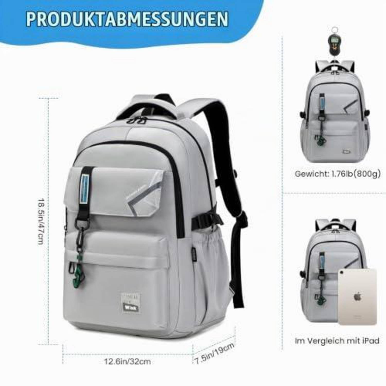 Produktdimensionsgrafik für einen grauen Rucksack: 46,9 cm Höhe, 32 cm Breite, 19 cm Tiefe; Gewicht 0,8 kg, dargestellt mit iPad zur Größenangabe.