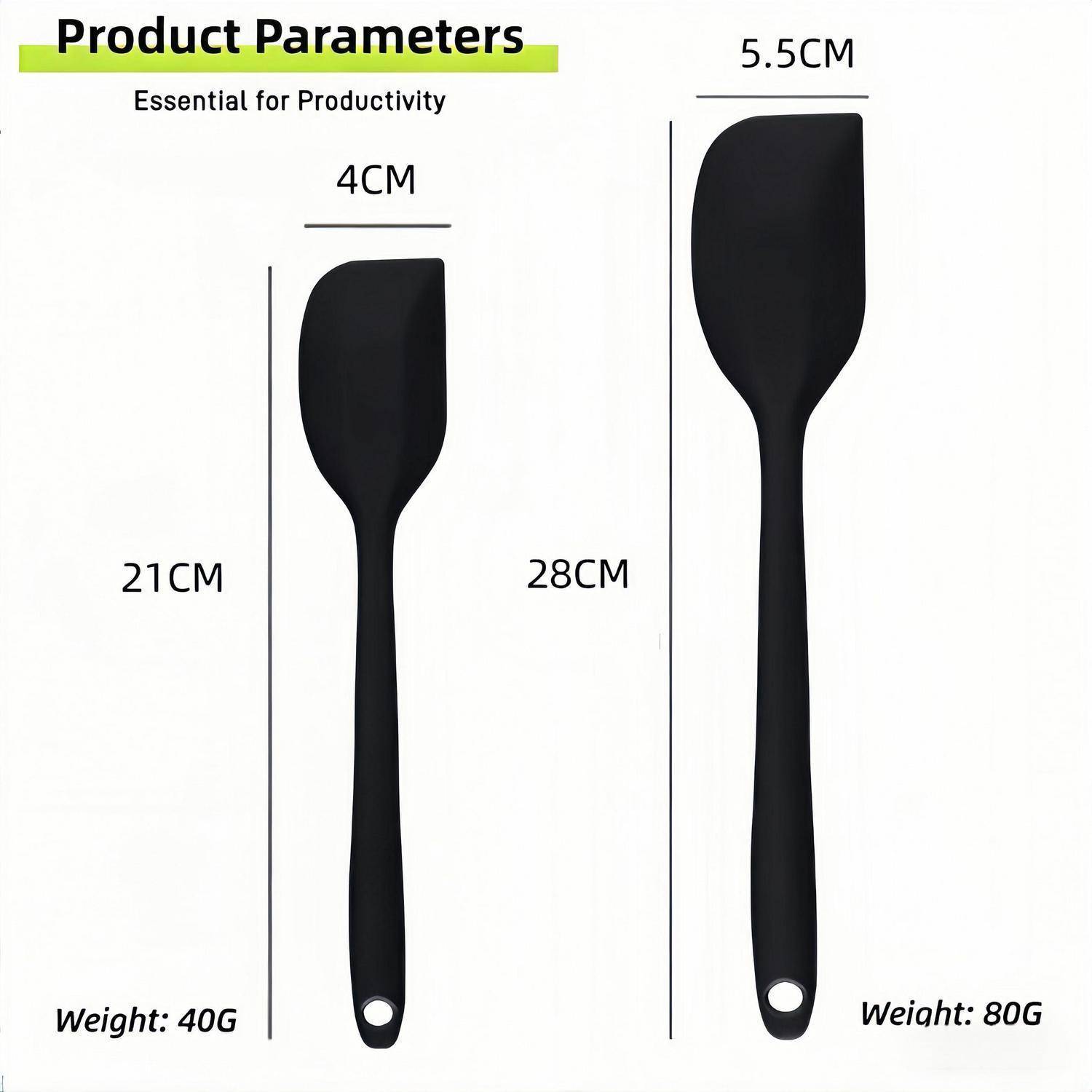 Produktparameter-Grafik mit zwei schwarzen spatelförmigen Werkzeugen: 21 cm lang, 4 cm breit, 40 g; und 28 cm lang, 5,5 cm breit, 80 g.