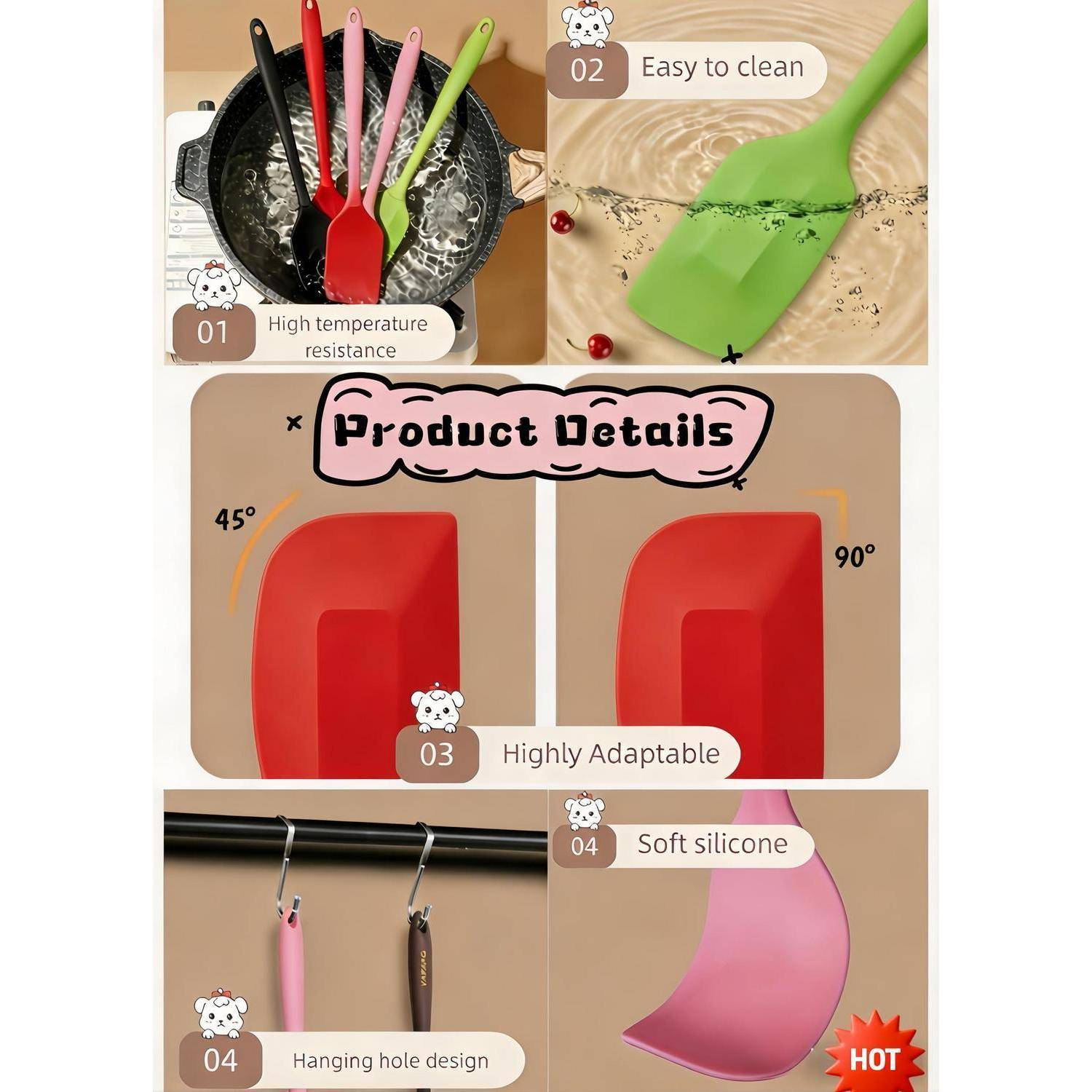 Produktdetails-Infografik für Silikon-Küchenspachtel: hitzebeständig, leicht zu reinigen, hochgradig anpassungsfähig an 45° und 90°, weiches Silikon, mit Aufhängeloch-Design.