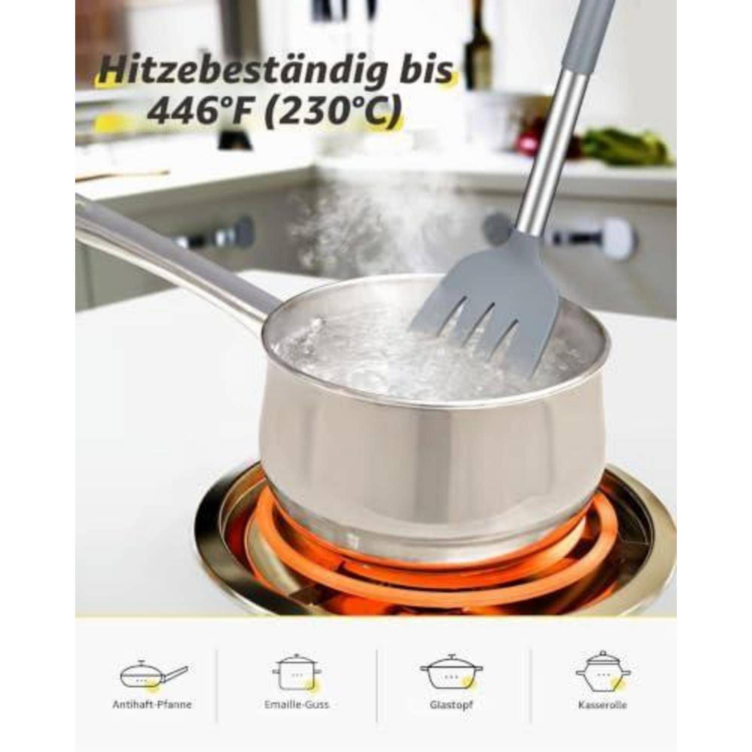 Edelstahlkochgeschirr auf einem Elektrokochfeld mit Dampf und einem Spatel; Text besagt „Hitzebeständig bis 446°F (230°C)