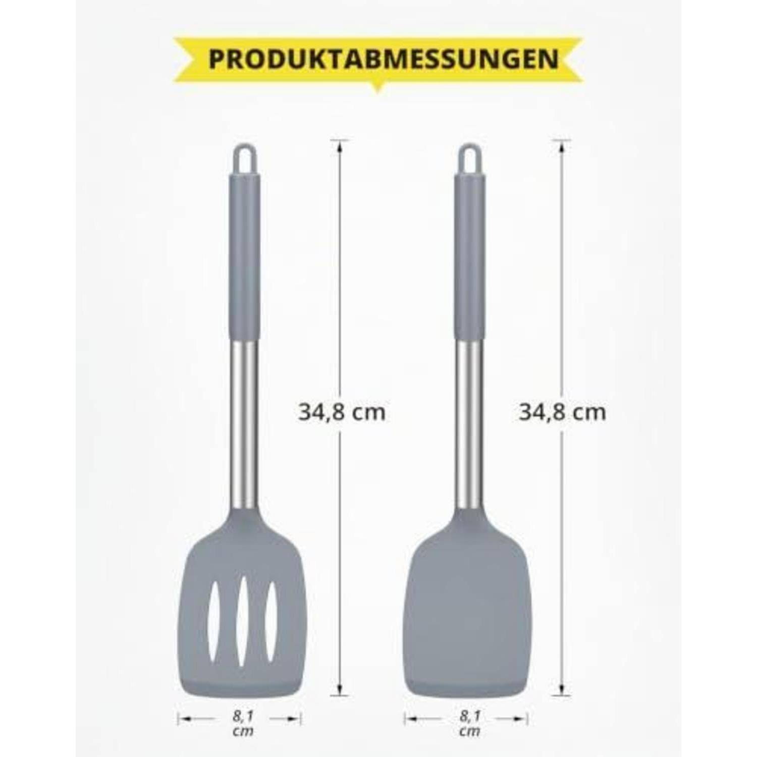 Produktabmessungsdiagramm mit einem grauen Spatel mit Schlitz- und Vollseite, gekennzeichnet mit 34,8 cm Länge und 8,1 cm Breite.