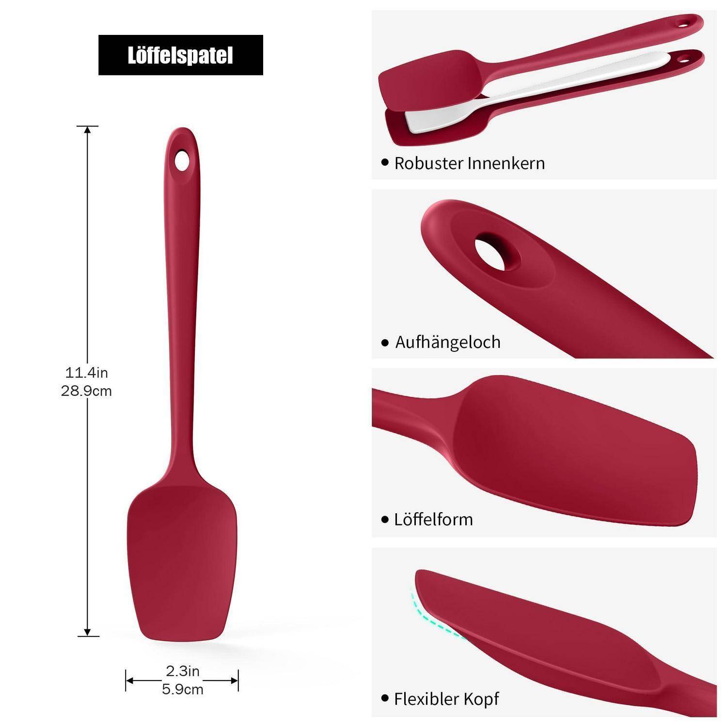 Produktdiagramm eines roten Löffelspatels mit der Beschriftung „Löffelspatel