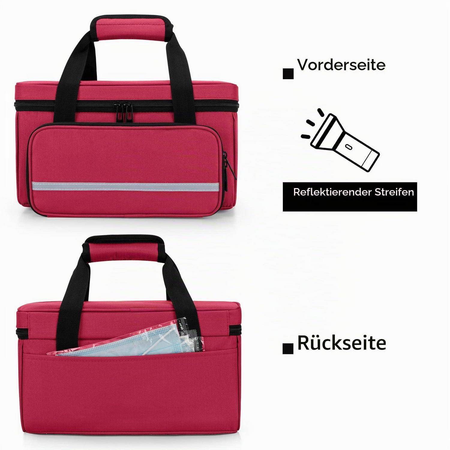 Rosa isolierte Lunchbox, von vorne und hinten gezeigt, mit Tragegriffen, reflektierendem Streifen an der Vorderseite und einer hinteren Tasche auf der Rückseite.