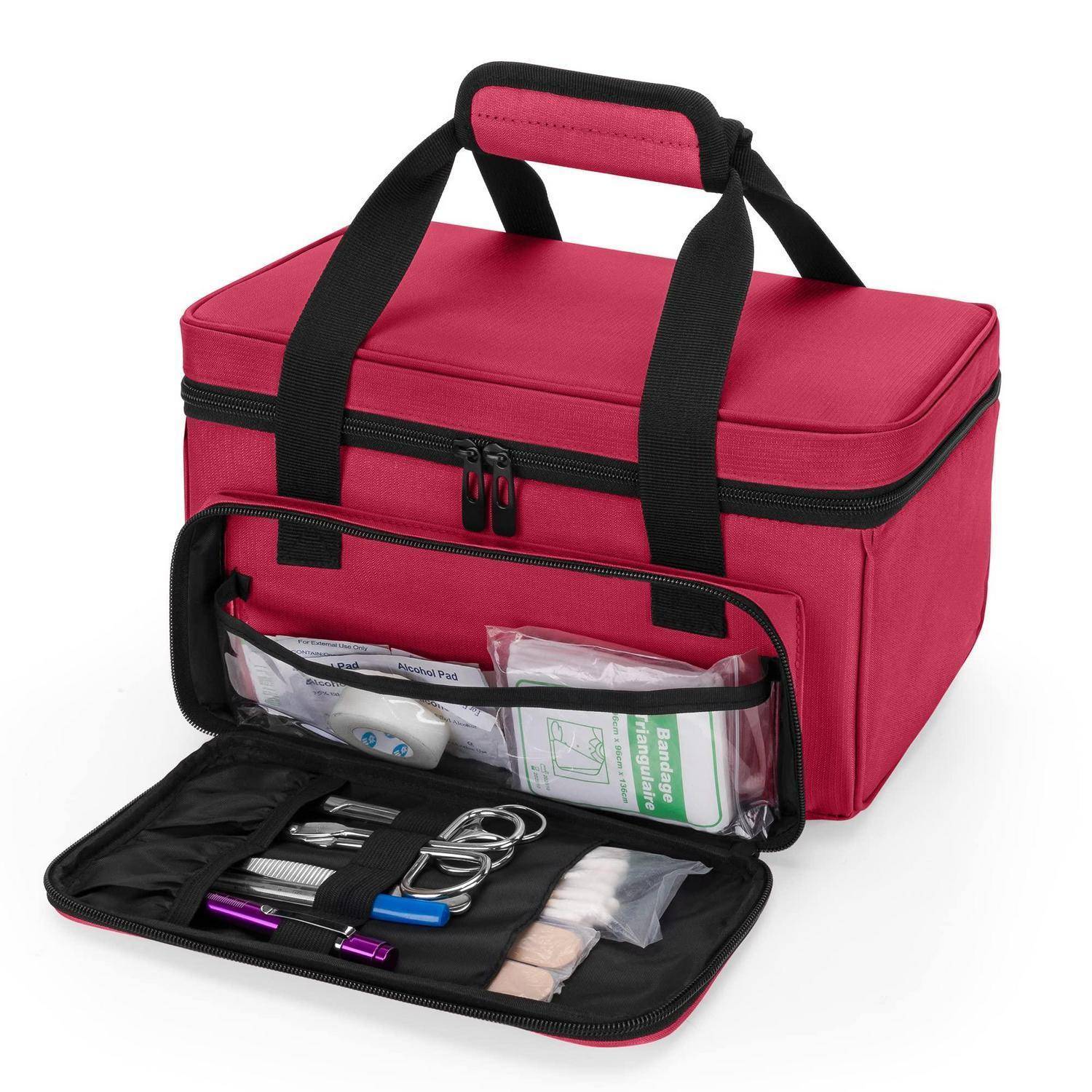 Rote isolierte Erste-Hilfe-Kühlertasche mit Schultergurten und einer offenen vorderen Tasche mit medizinischen Vorräten und Werkzeugen.