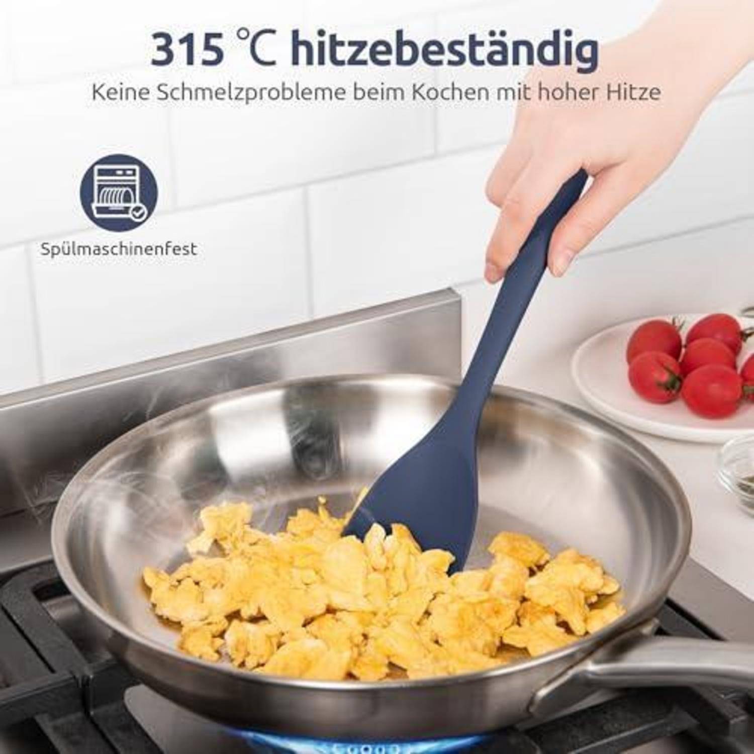 Promocionales Bild eines blauen Spatels, der Rührei in einer Pfanne aus Edelstahl umrührt, mit deutschem Text „315°C hitzebeständig